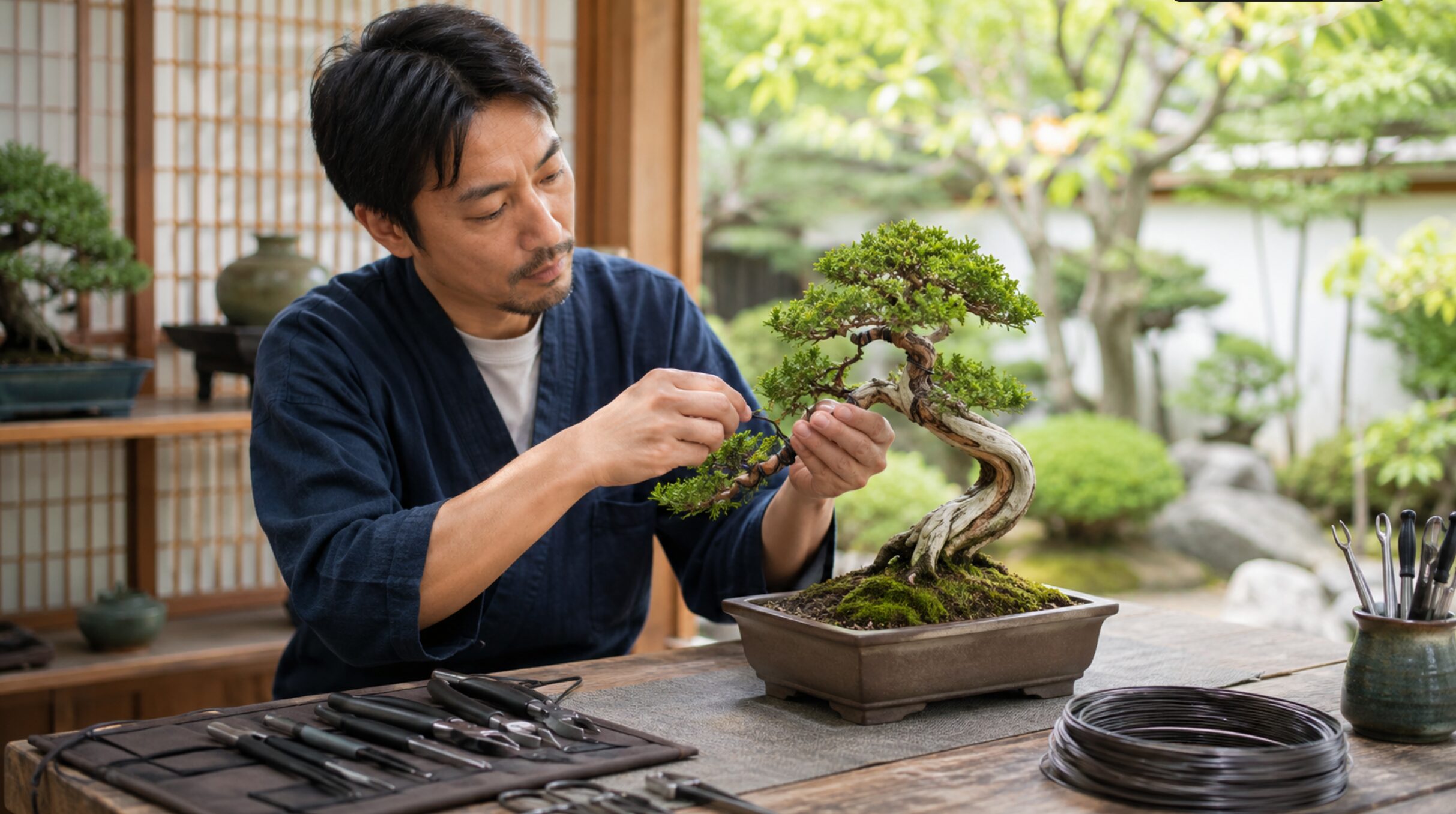 日本人男性が盆栽の枝を支えながら針金を掛けて樹形を整える様子
