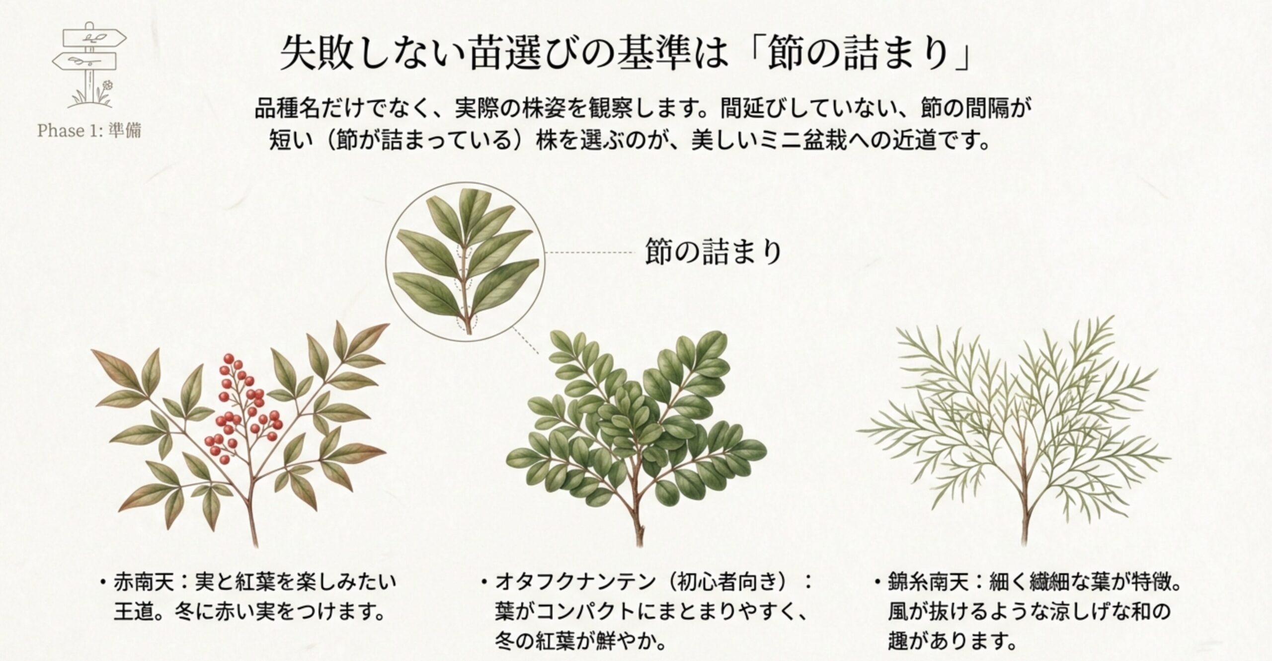 節が詰まった苗の選び方と、赤南天、オタフクナンテン、錦糸南天の葉の形状を比較したイラスト。
