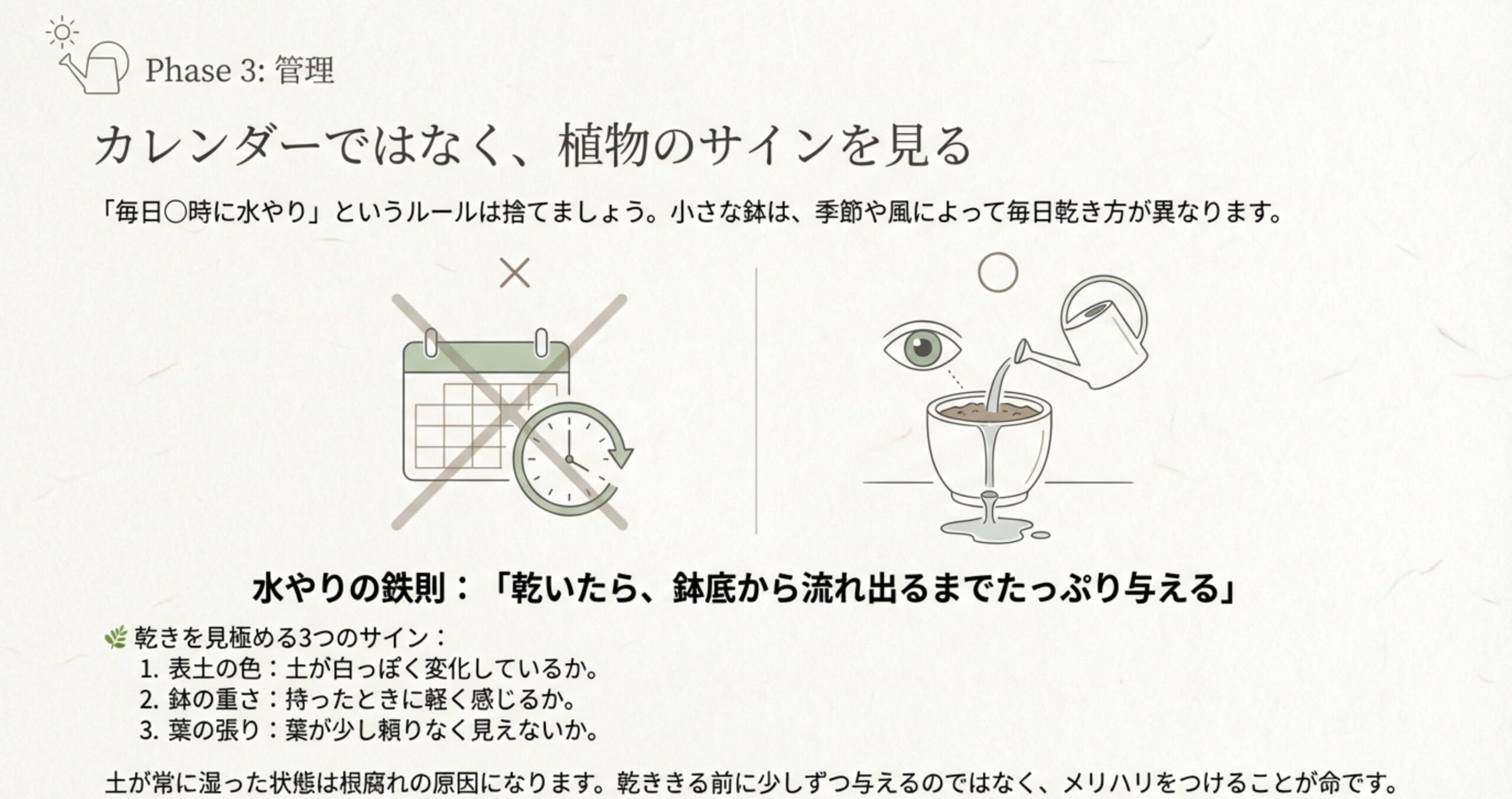 カレンダー通りの水やりを避け、土の色、重さ、葉の張りで乾きを確認するイラスト。