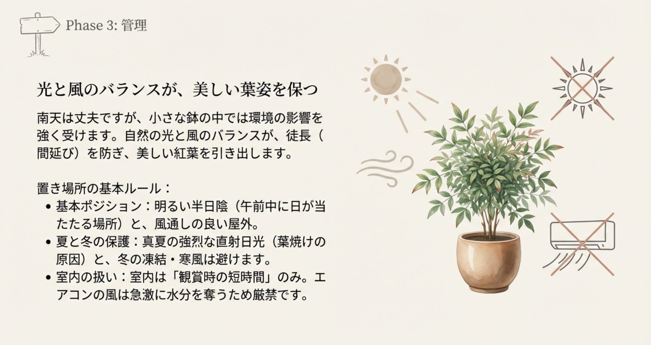 明るい半日陰、風通しの良さ、真夏の直射日光やエアコン風の禁止を説明するイラスト。