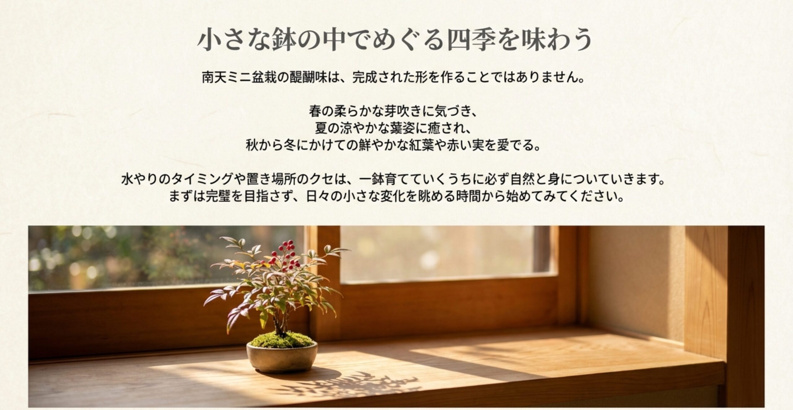 窓辺に置かれた実のついた南天盆栽と、「完璧を目指さず、日々の変化を眺める時間から」というメッセージ。