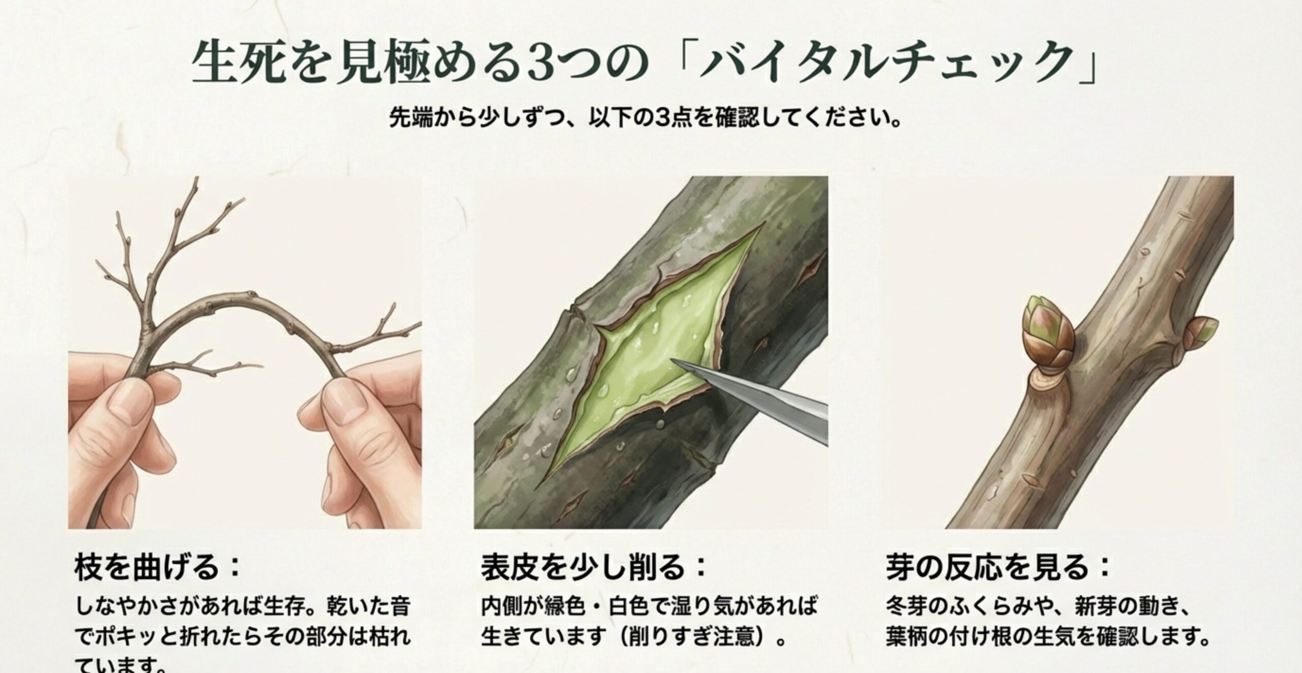 枝を曲げる、表皮を少し削る、芽の反応を見るという、もみじの生死を確認するための具体的な3つの手順のイラスト