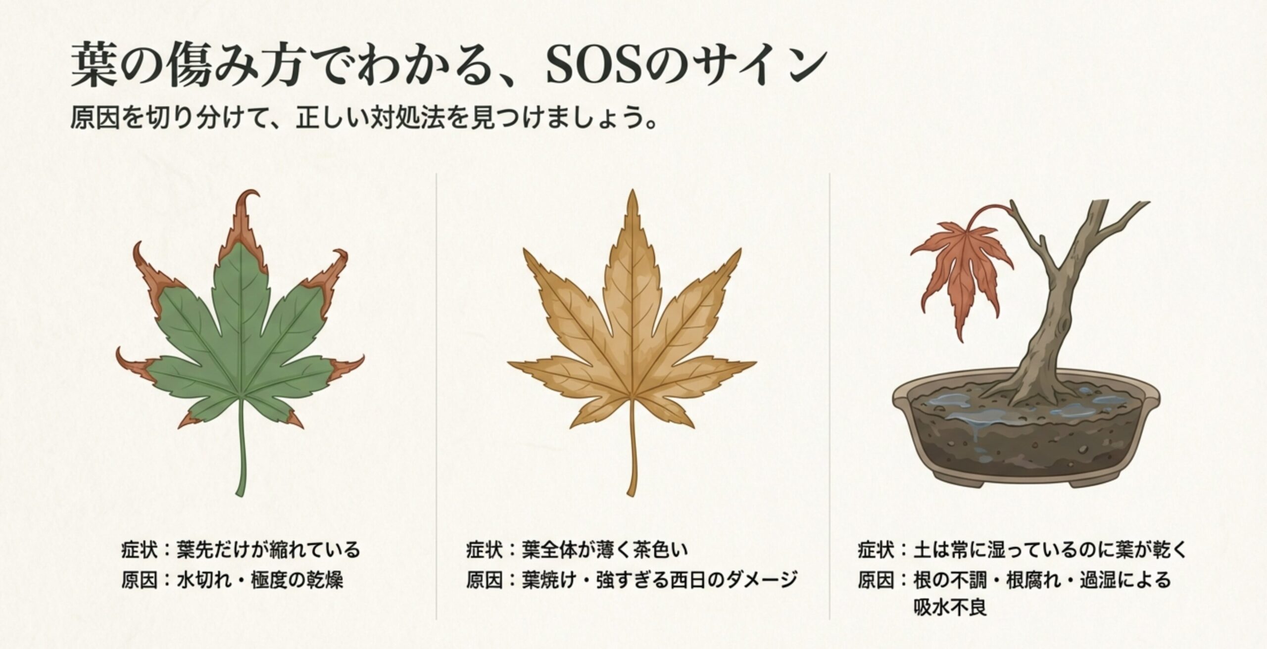 葉先が縮れる(水切れ)、葉全体が茶色い(葉焼け)、土は湿っているのに葉が乾く(根腐れ)など、症状と原因の対応表