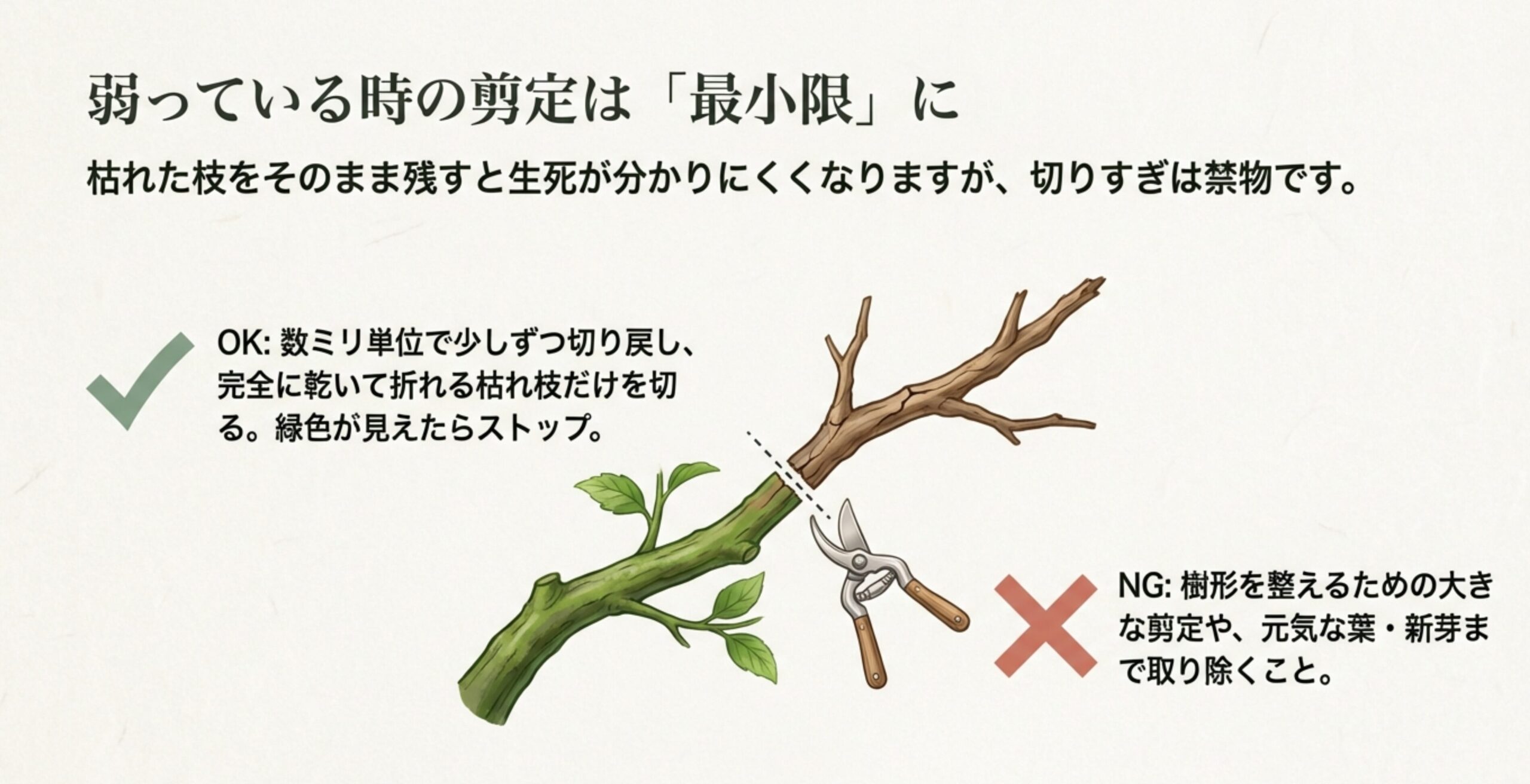 数ミリ単位で少しずつ切り戻し、緑色が見えたら止めるというOK例と、樹形を整える大きな剪定はNGであるという比較イラスト