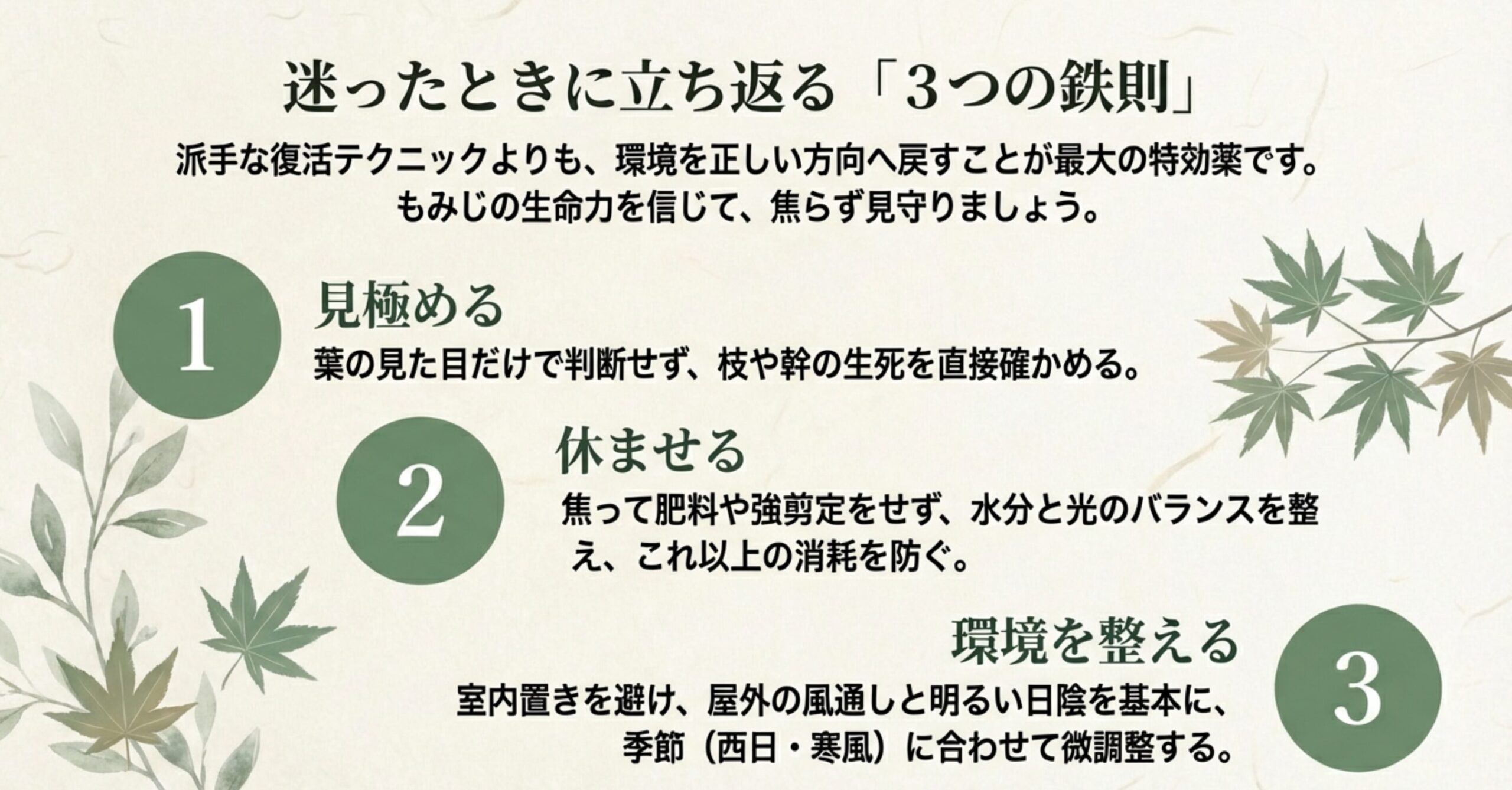 1.見極める、2.休ませる、3.環境を整えるという、迷ったときに立ち返るべき3つの重要ポイントのまとめ