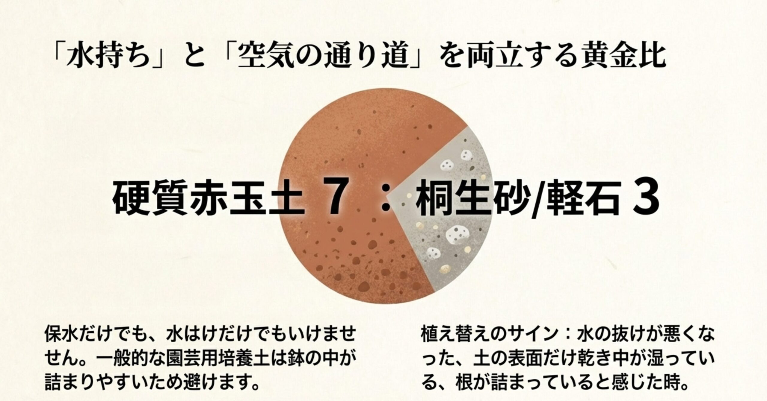 「水持ち」と「空気の通り道」を両立する黄金比は、硬質赤玉土7に対して桐生砂や軽石が3 。保水だけでも水はけだけでもいけない