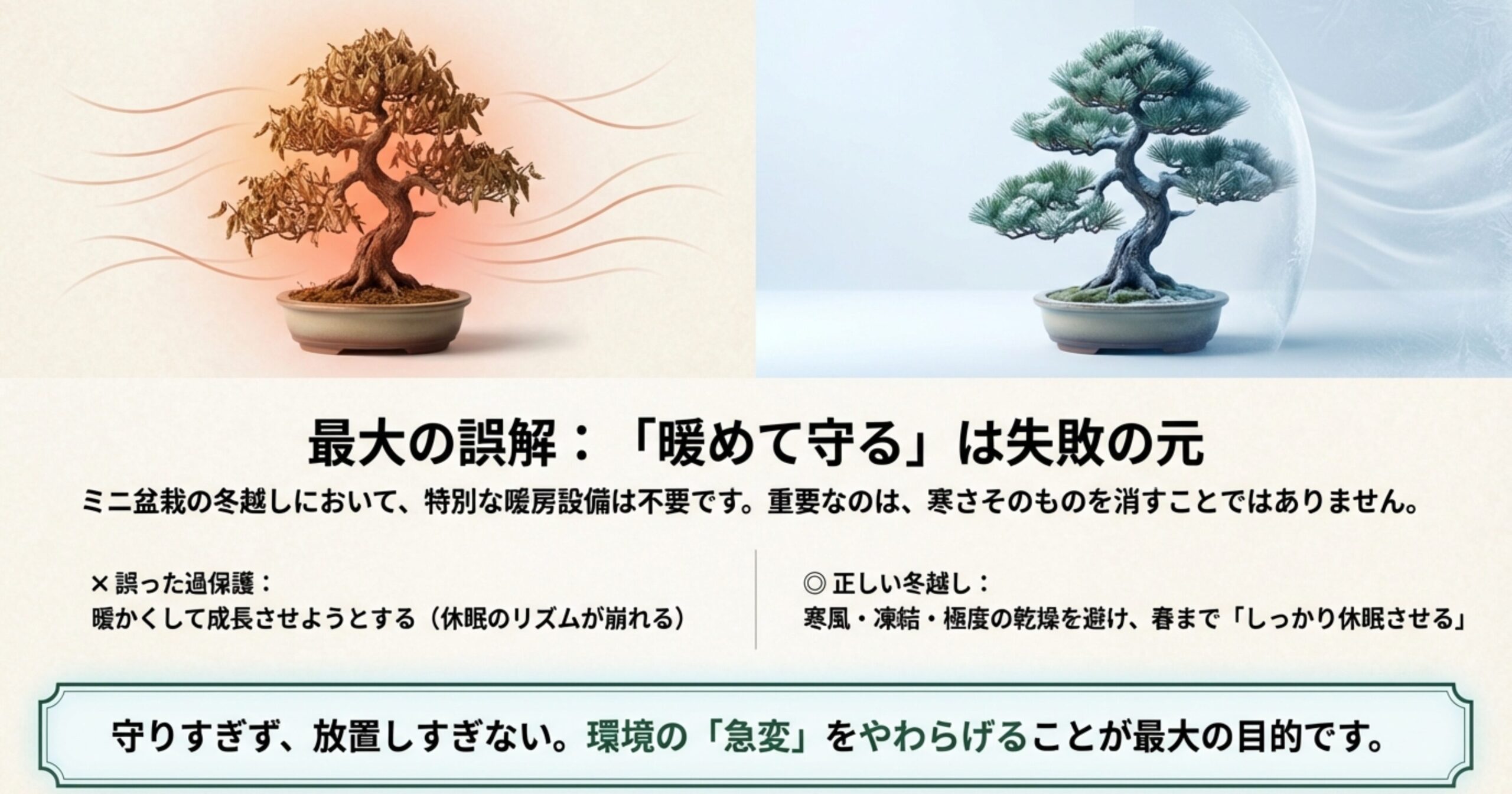ミニ盆栽の冬越しにおける最大の誤解と、正しい休眠の重要性についての解説