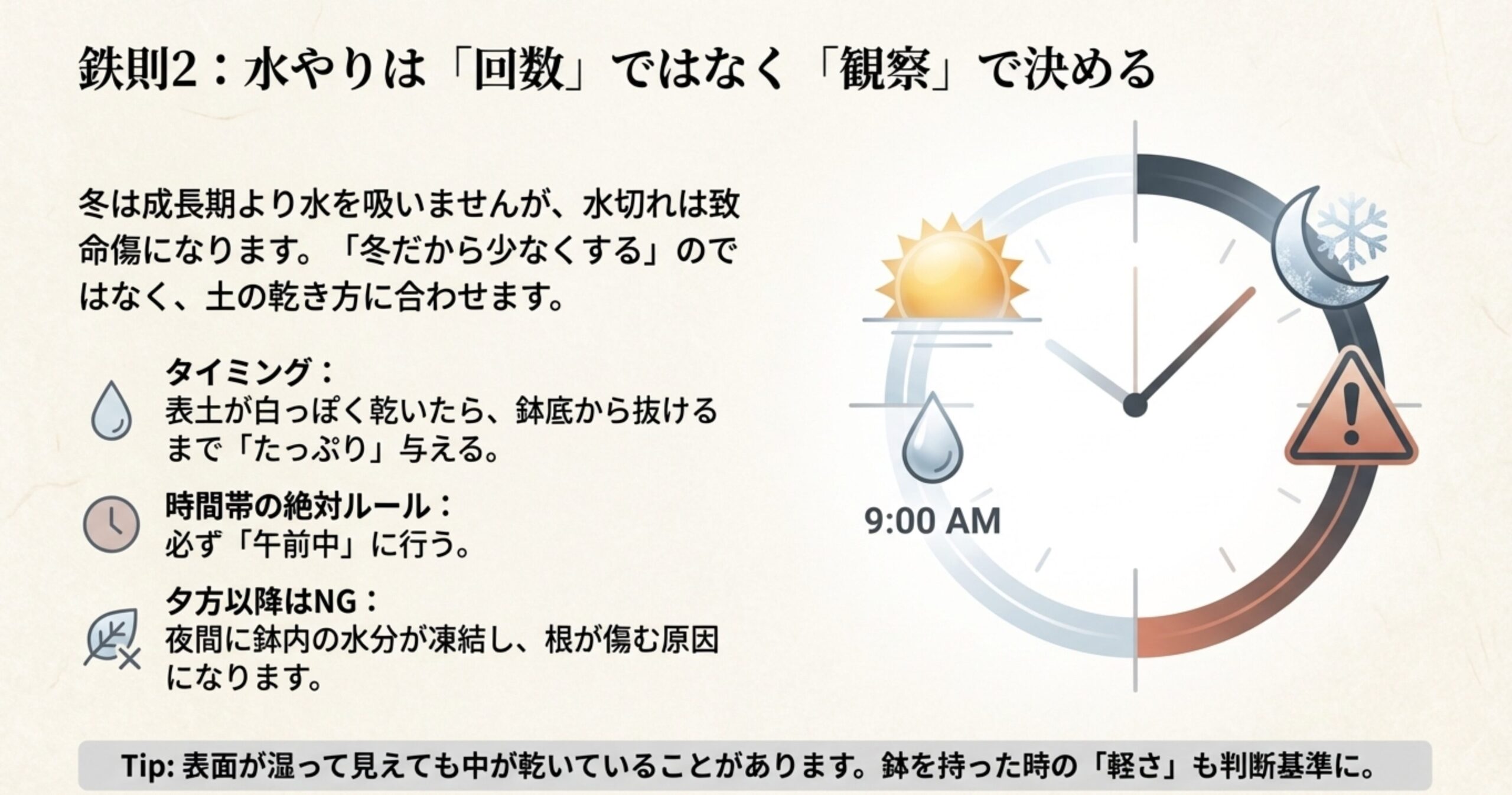 午前9時の水やりを推奨する時計のイラストと、表土の乾き具合で判断する水やりの鉄則