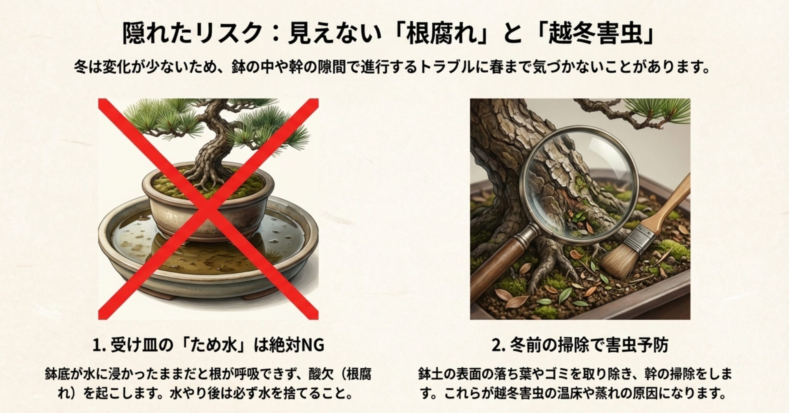 受け皿のため水による根腐れへの警告と、冬前の掃除による害虫予防の解説