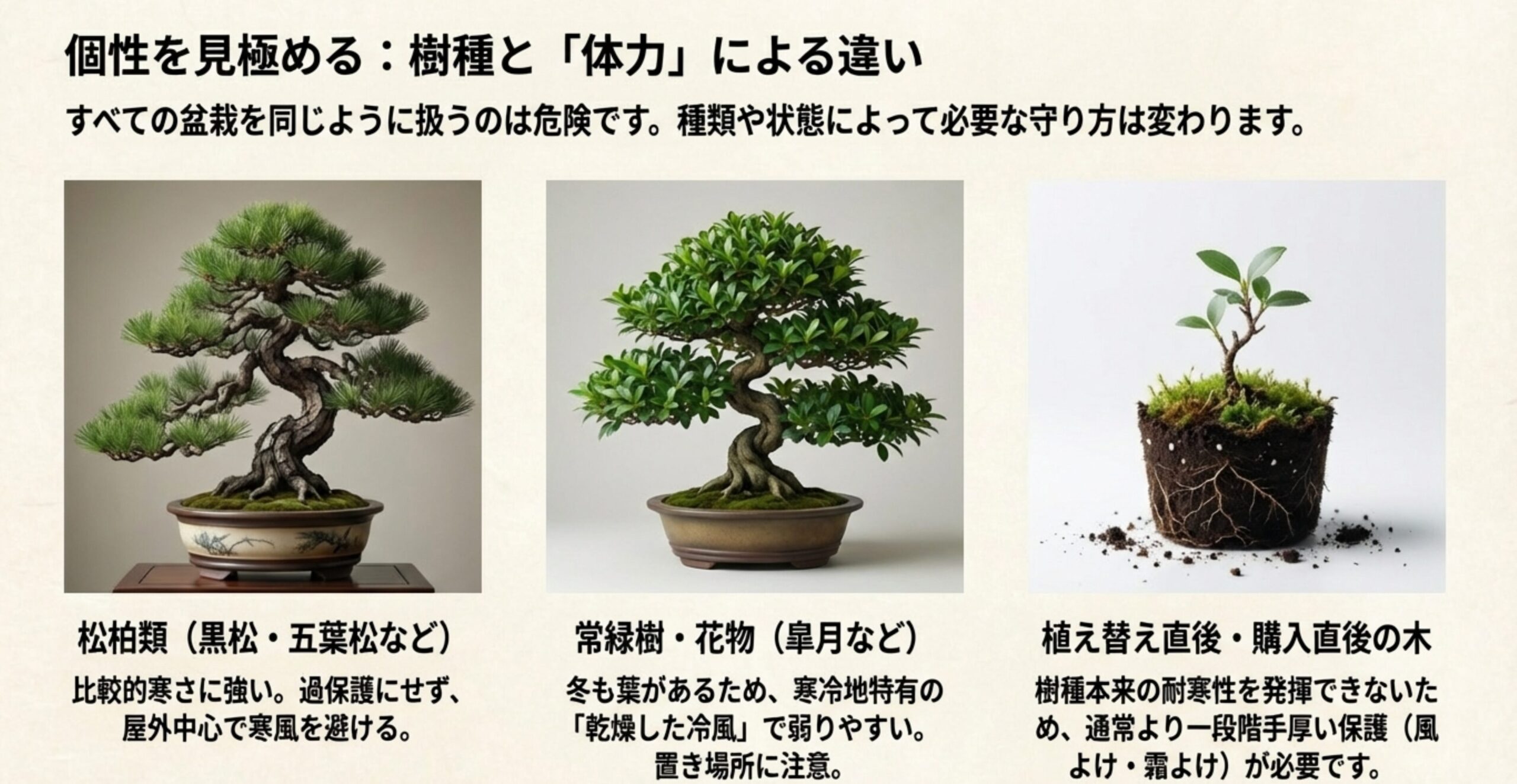 松柏類、常緑樹・花物、植え替え直後の木など、それぞれの個性と必要な保護レベルの違い