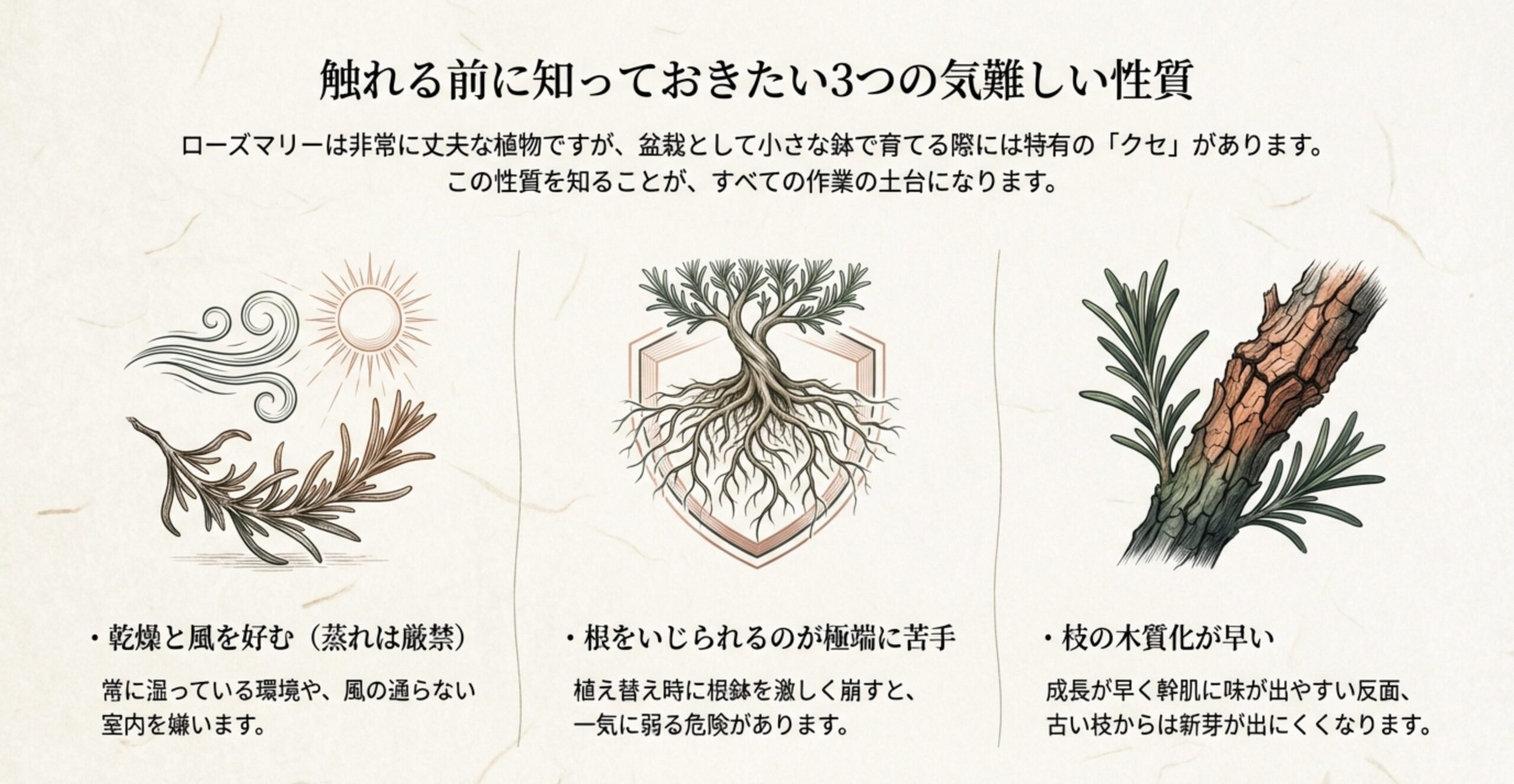 ローズマリーの乾燥を好む性質、根をいじられるのが極端に苦手な点、枝の木質化が早い点を解説したスライド 。