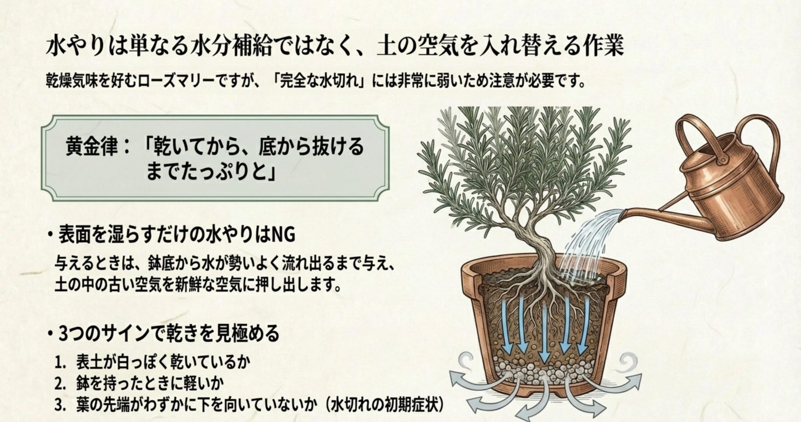 表面が乾いてから鉢底から抜けるまでたっぷり水を与える水やりの黄金律と、乾きを見極めるサインを解説したスライド 。
