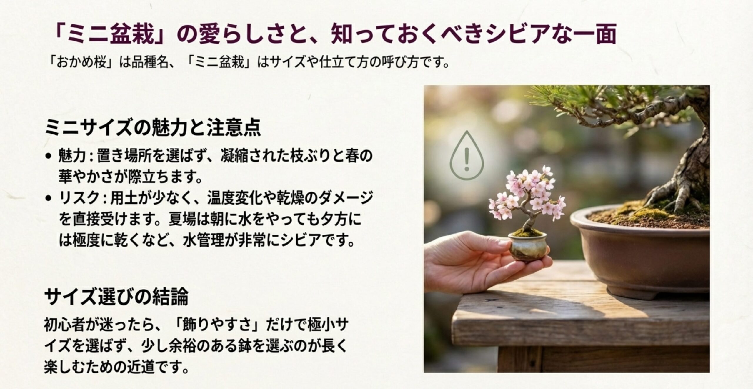ミニ盆栽の愛らしさと知っておくべきシビアな一面。置き場所を選ばない魅力と、水管理が非常にシビアであるリスクについての解説。