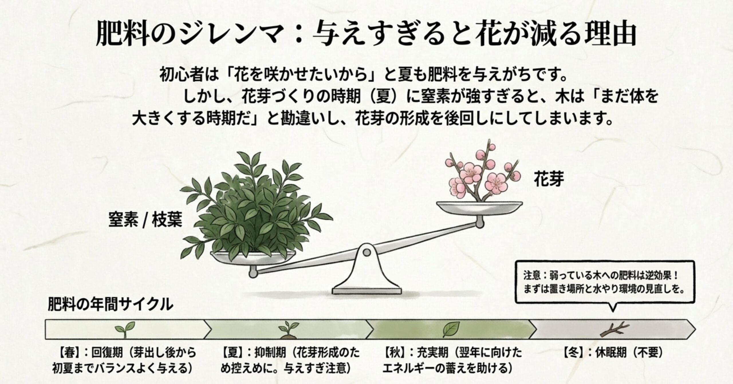 夏に窒素を控え花芽形成を優先する天秤の図と、春（回復）・夏（抑制）・秋（充実）の年間サイクル 。