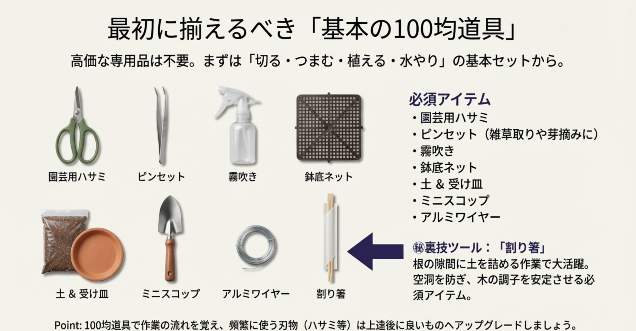 ハサミ、ピンセット、土、霧吹きなどの基本道具と、裏技ツールとして紹介されている割り箸のイラスト。