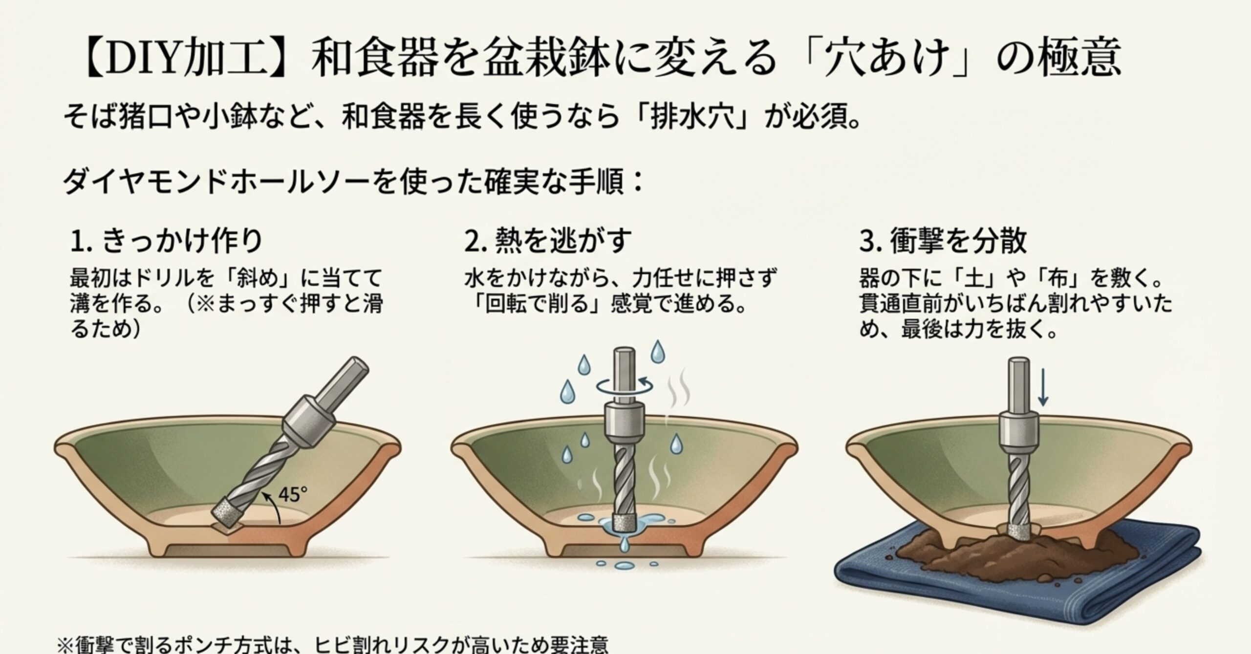 陶器にドリルを斜めに当てる「きっかけ作り」から、水をかけて削る手順を解説したイラスト図解。