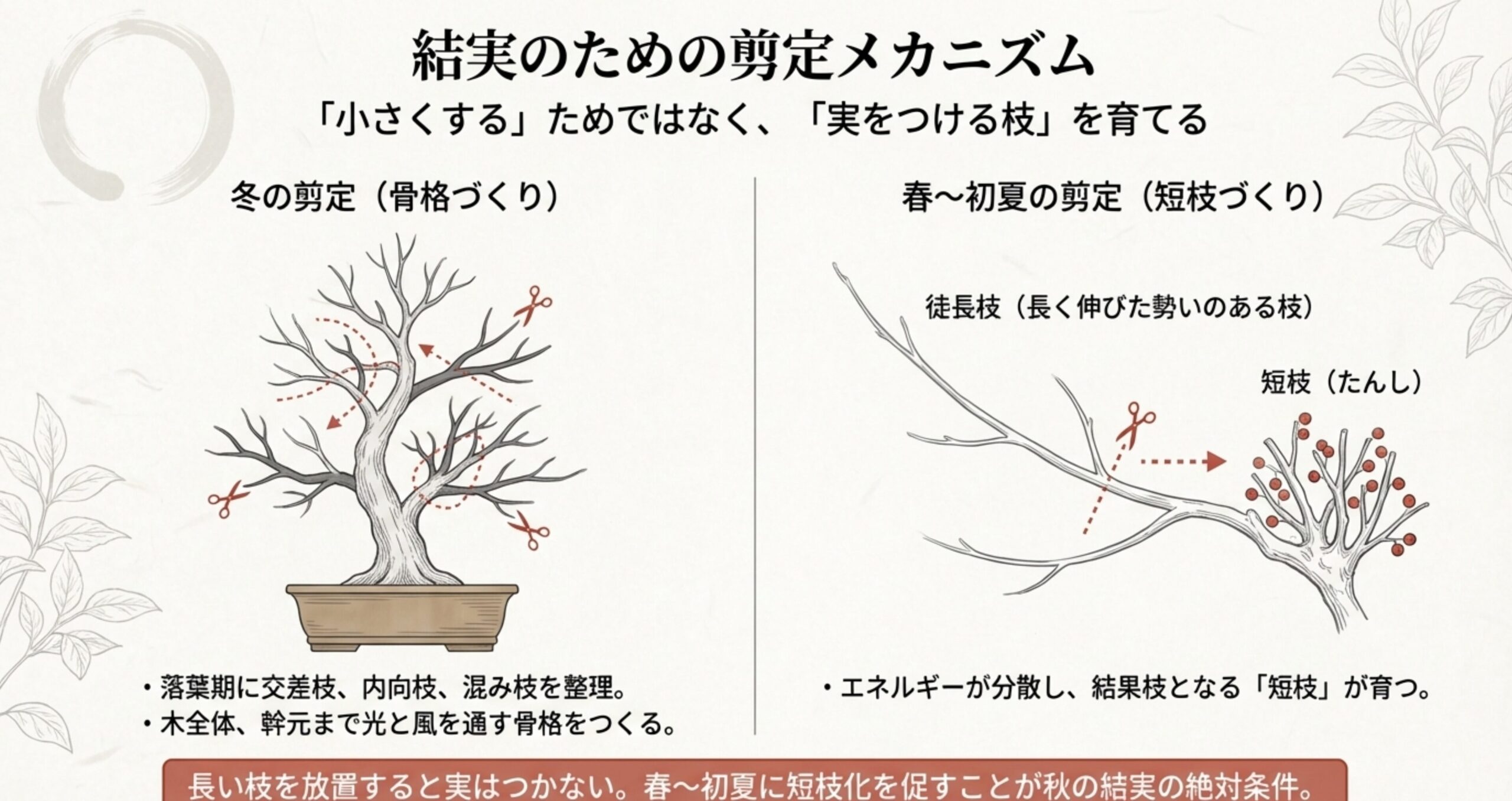 結実のための剪定メカニズム 。冬の剪定で交差枝などを整理して骨格をつくり、春から初夏の剪定で徒長枝を切り詰めて短枝を育てます 。