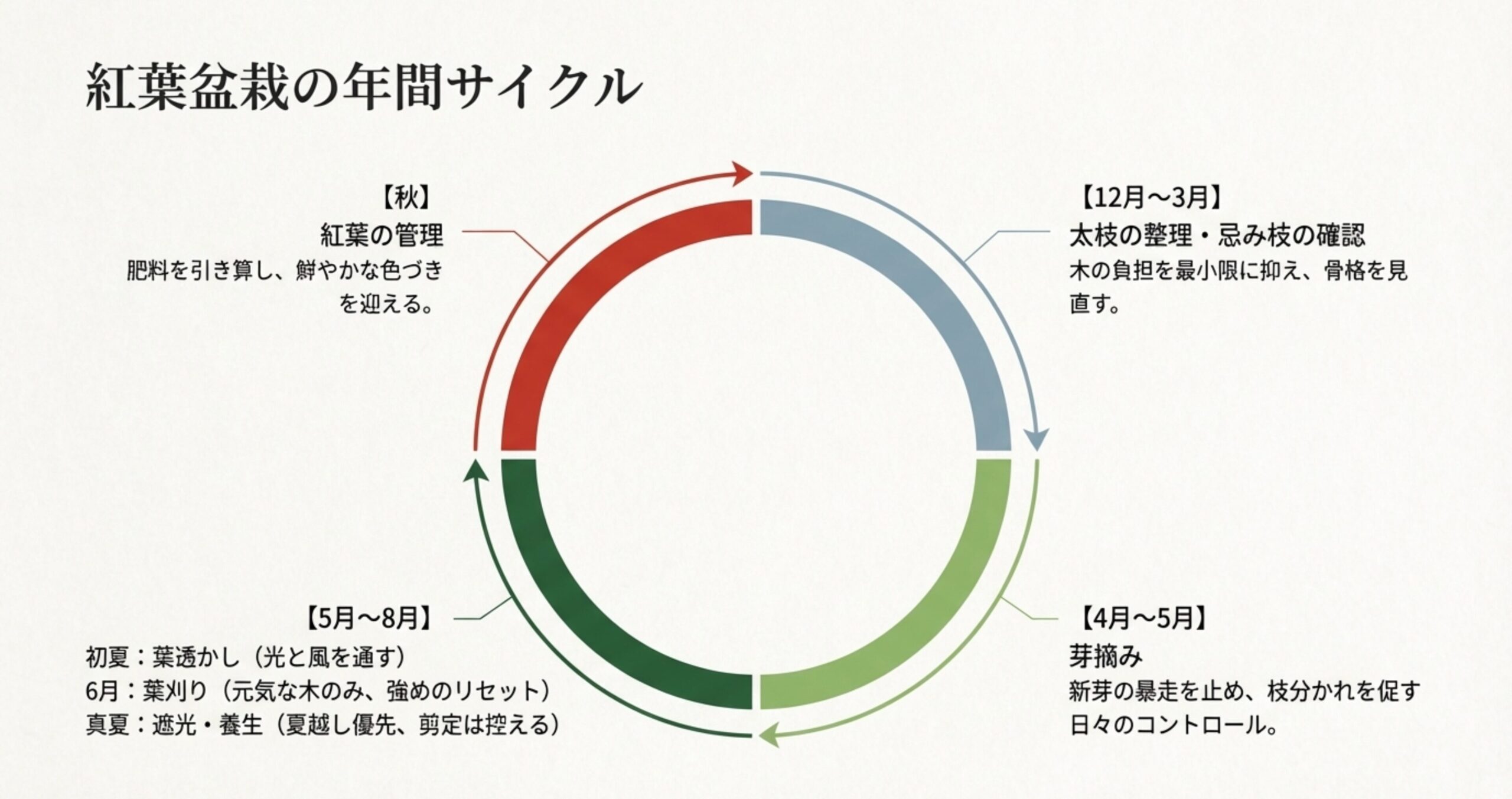 12月から3月の太枝整理、4月から5月の芽摘み、5月から8月の葉透かしなど、季節ごとの作業サイクルを示す円グラフ 。