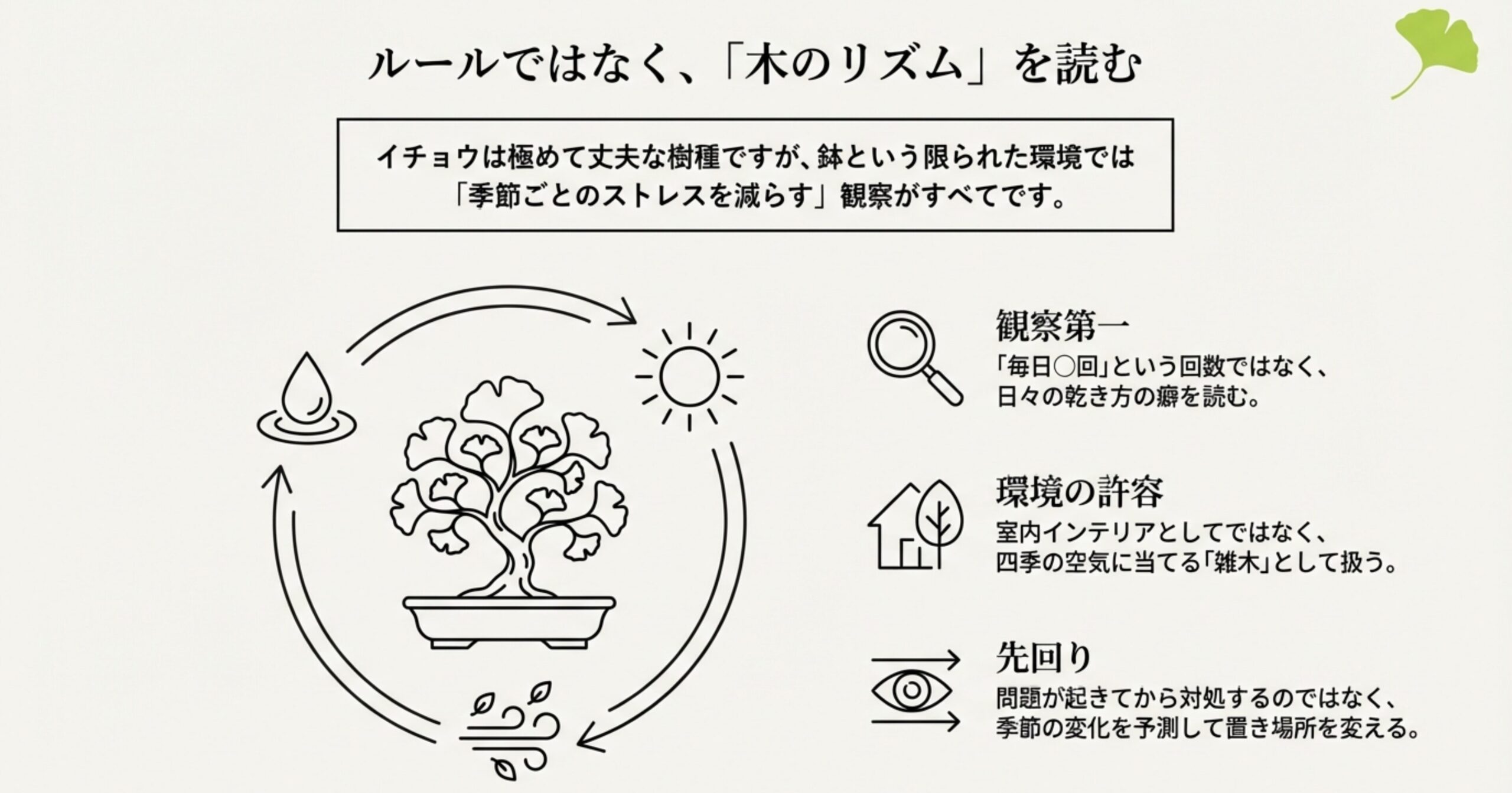 ルールではなく「木のリズム」を読む、観察第一、四季の空気に当てる雑木として扱うなど、基本理念をまとめた図解。