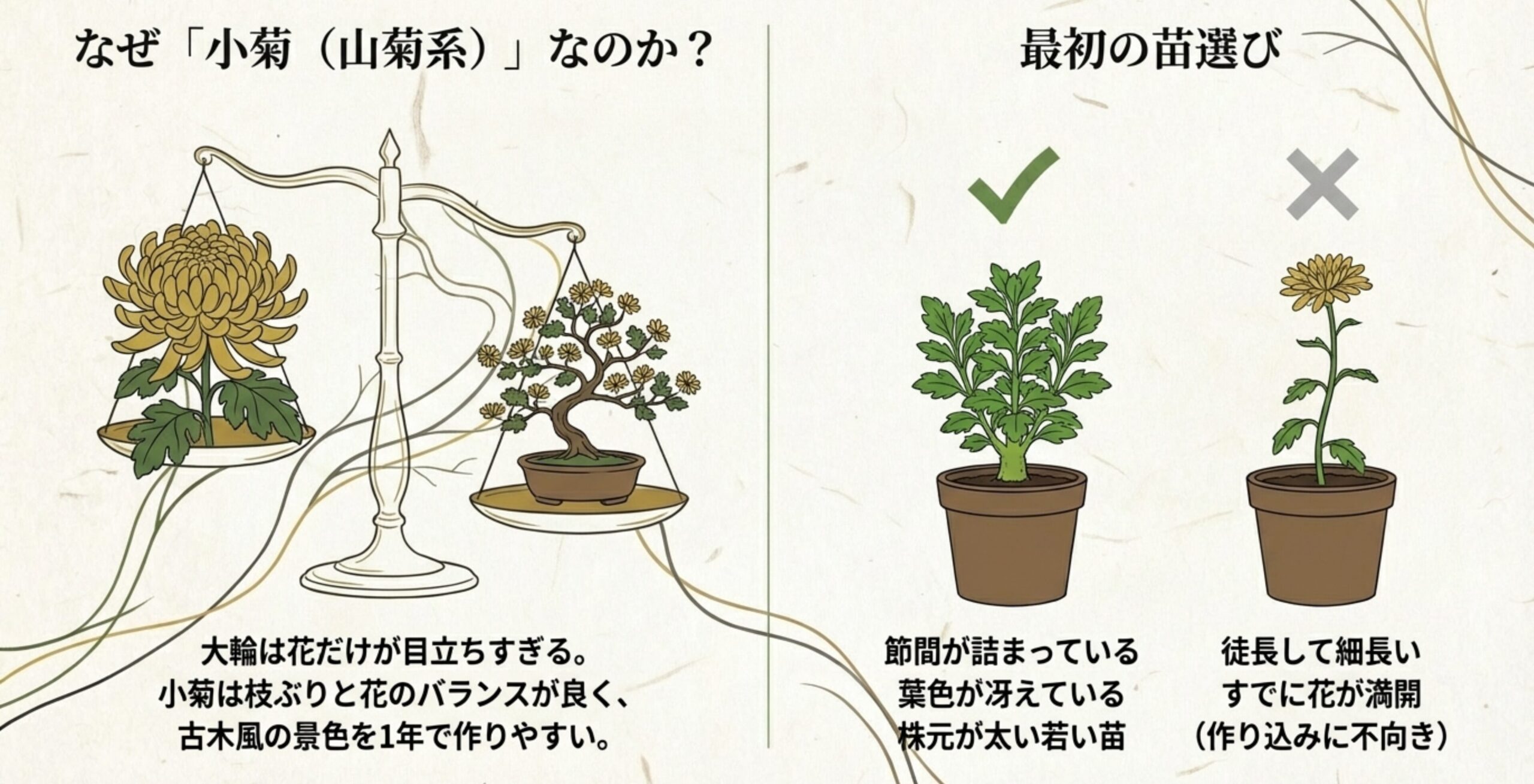 大輪の菊と小菊のバランス比較図、および盆栽に適した若い苗と不向きな徒長苗のイラスト