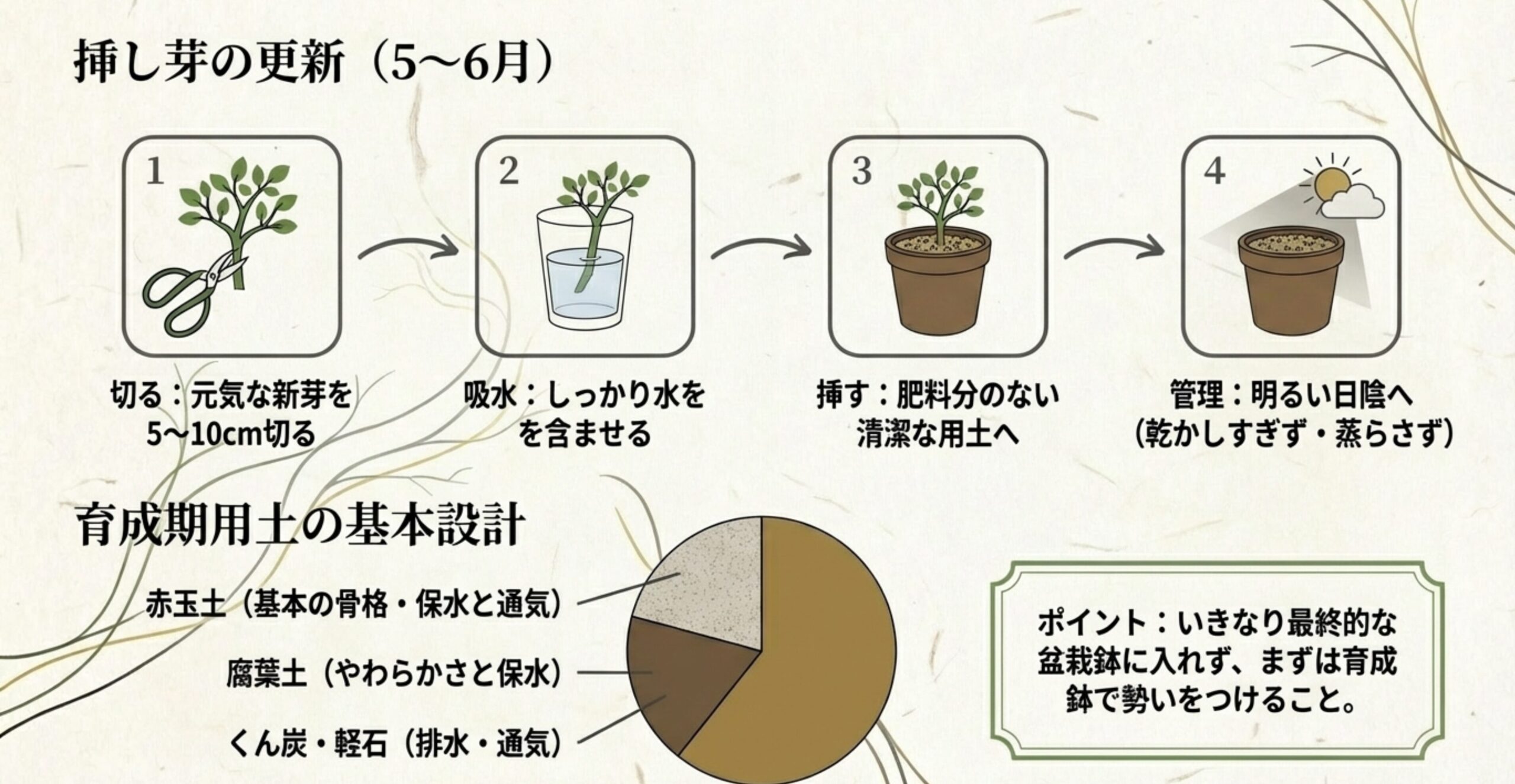 新芽のカットから挿すまでの4ステップと、赤玉土や腐葉土などの育成期用土の配合設計