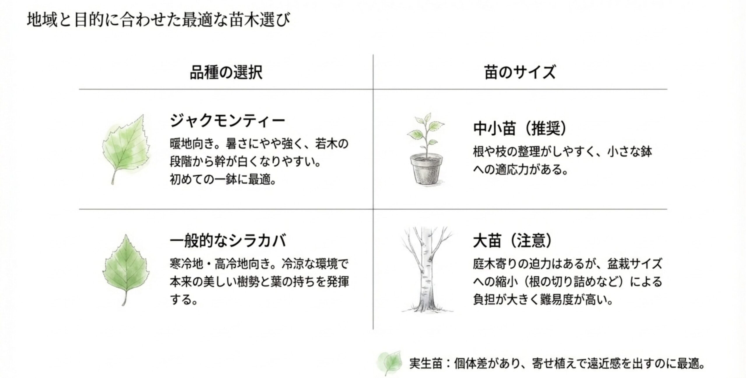 白樺の品種（ジャクモンティー、一般的なシラカバ）と苗のサイズ（中小苗、大苗、実生苗）それぞれの特徴や難易度をまとめたスライド。
