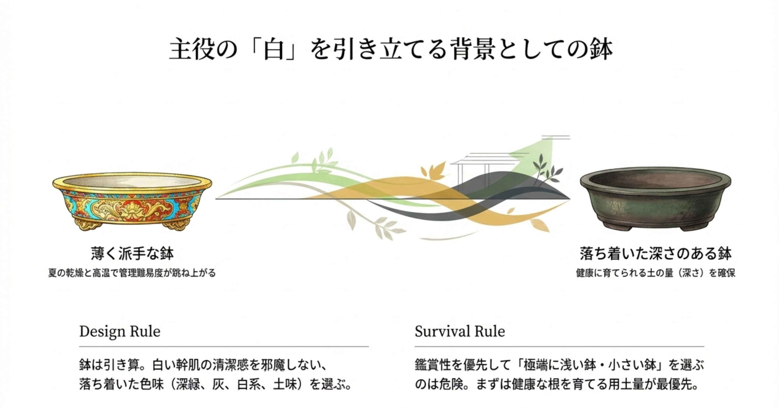 白樺に適した鉢の比較図。夏の管理難易度が上がる薄く派手な鉢に対し、健康に育てられる土の量を確保できる落ち着いた深さのある鉢を推奨しています。