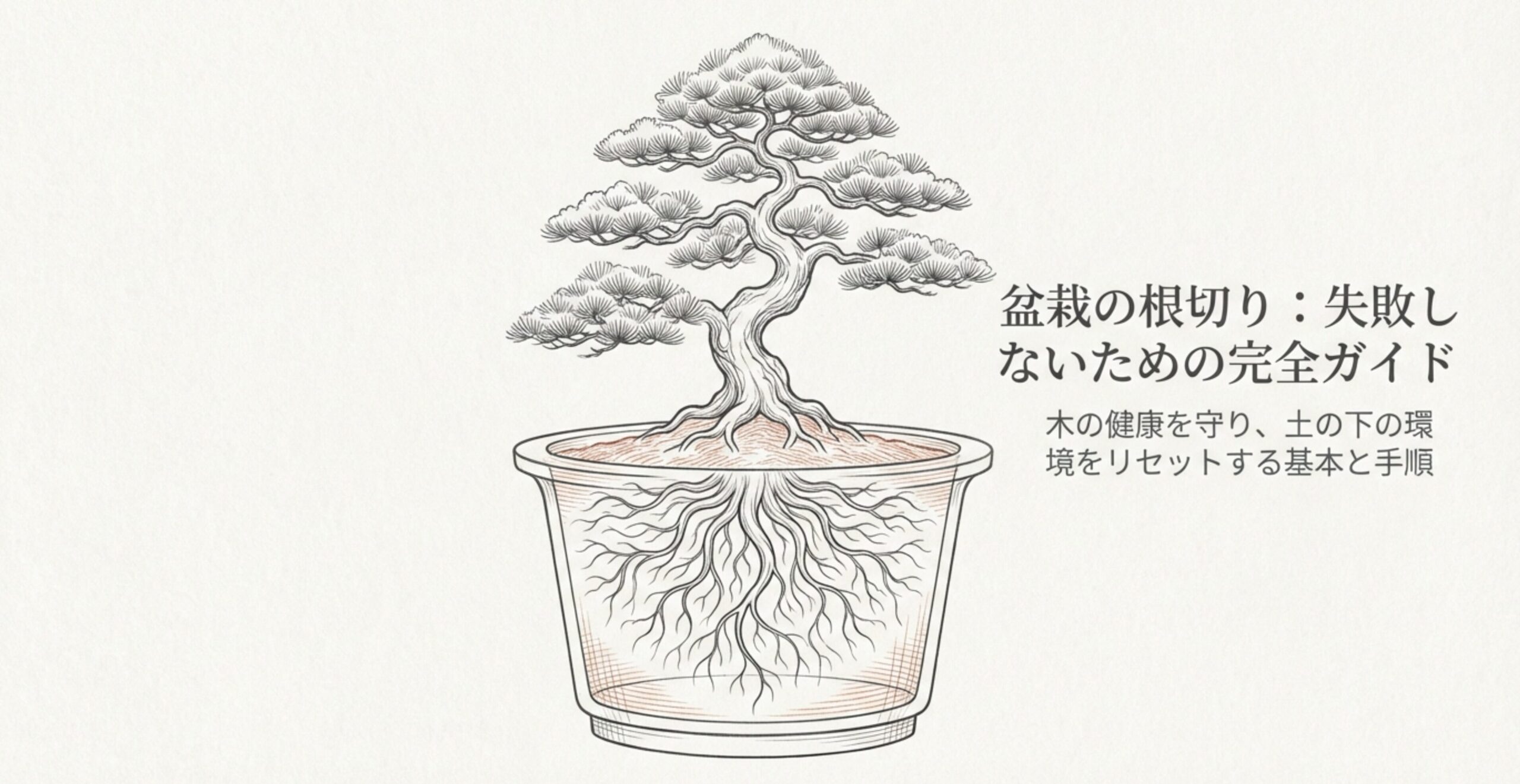 盆栽の根切り：失敗しないための完全ガイド。鉢の中の根の状態が描かれたイラスト。
