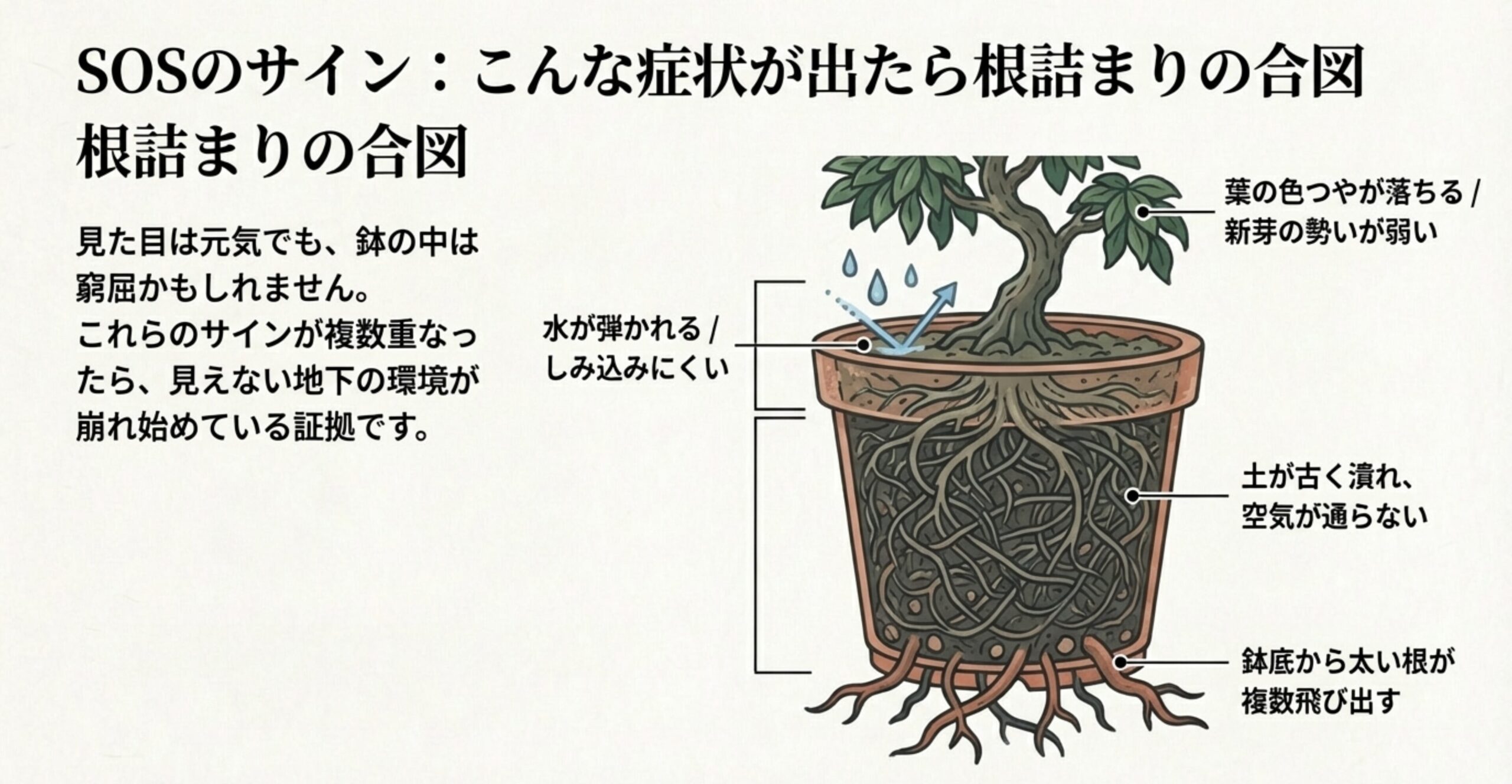盆栽が根詰まりしているサイン。水が弾かれる、葉のつやが落ちる、土が古く空気が通らない、鉢底から根が飛び出すなどの解説。