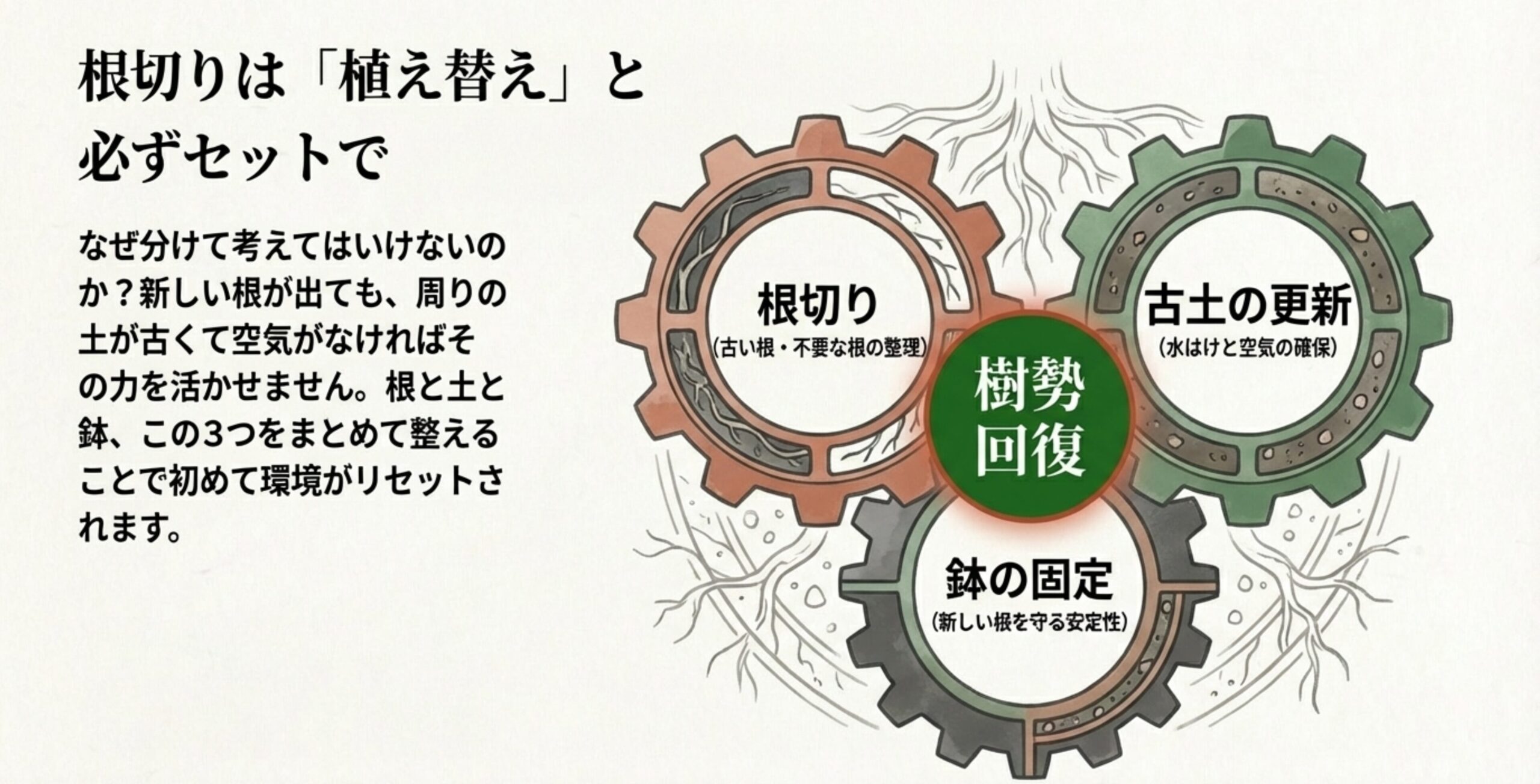 根切り、古土の更新、鉢の固定の3つが歯車のように連動して樹勢回復につながることを示すイラスト。