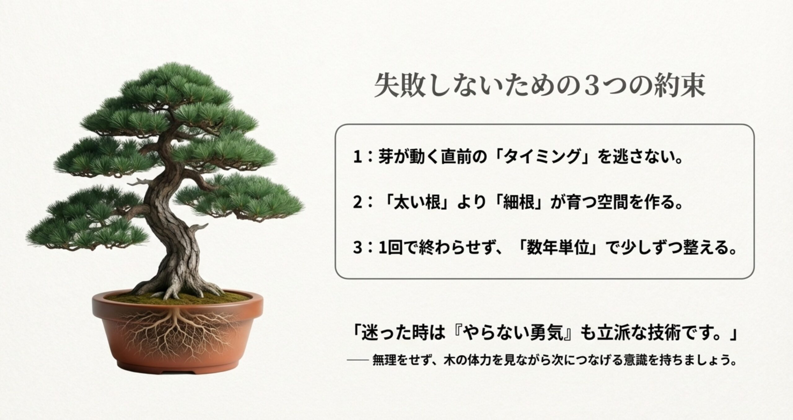 タイミングを逃さない、細根の空間を作る、数年単位で整えるという3つの重要ポイント。