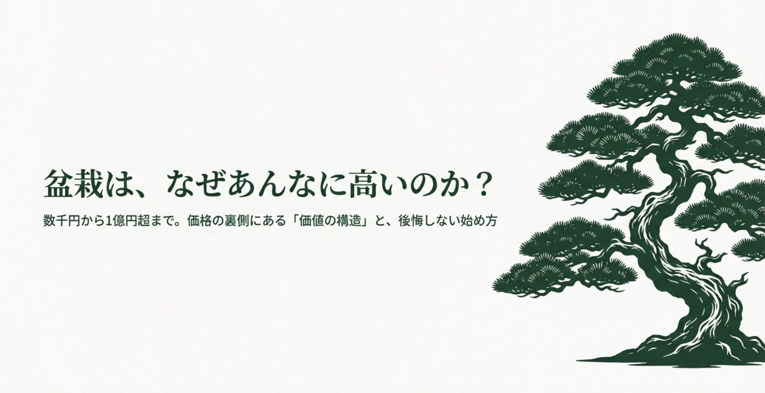盆栽の価格の裏側にある価値の構造と、後悔しない始め方を解説するタイトルスライド。立派な松の盆栽のイラスト。