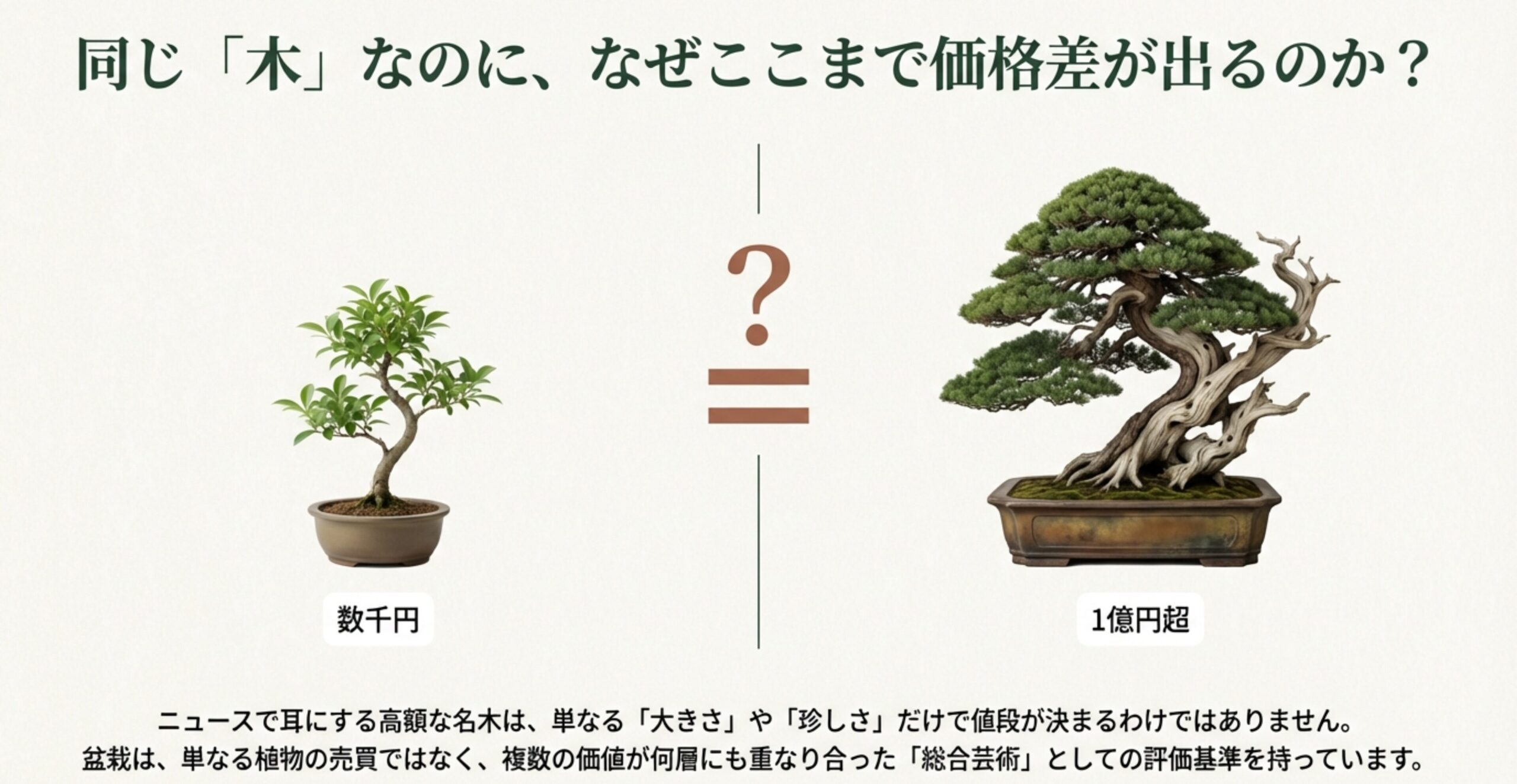 数千円のミニ盆栽と1億円を超える名木を並べ、盆栽が総合芸術としての評価基準を持つことを示す比較図。