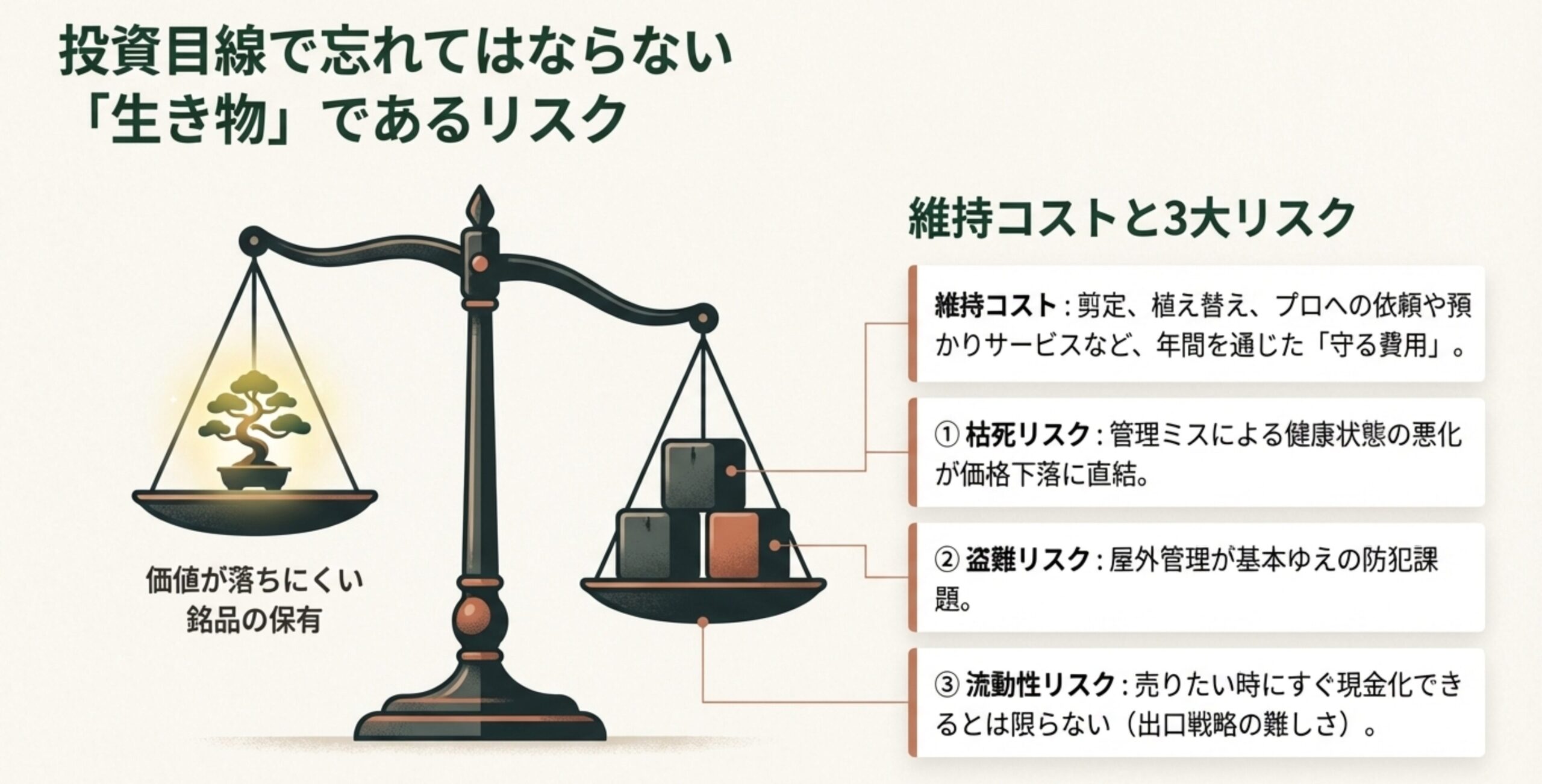 盆栽の価値維持にかかる費用と、枯死・盗難・流動性という3つの大きなリスクを天秤で表現した図。