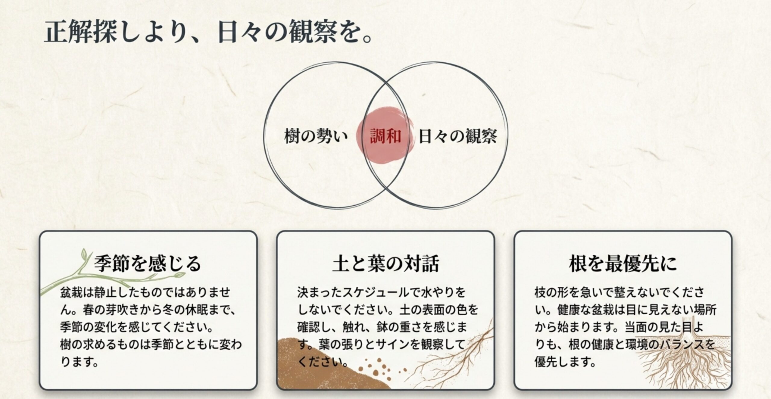 育成の基本理念として「正解探しより日々の観察」「土と葉との対話」「根の健康を最優先」の3点を挙げたスライド。