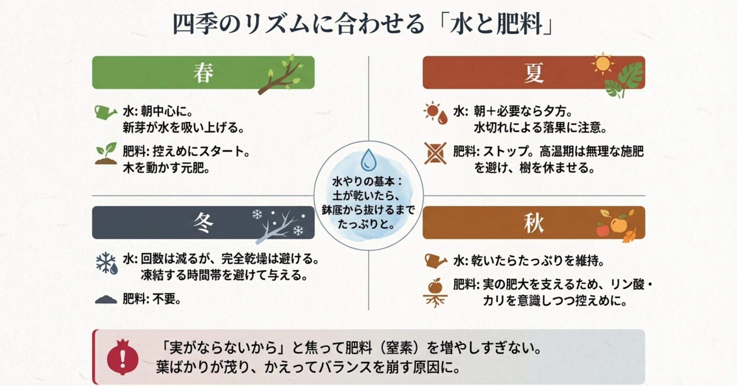 春・夏・秋・冬それぞれの季節における水やりの頻度と肥料の与え方をまとめた図解。夏の実切れ注意や秋のリン酸・カリ意識などが示されている。