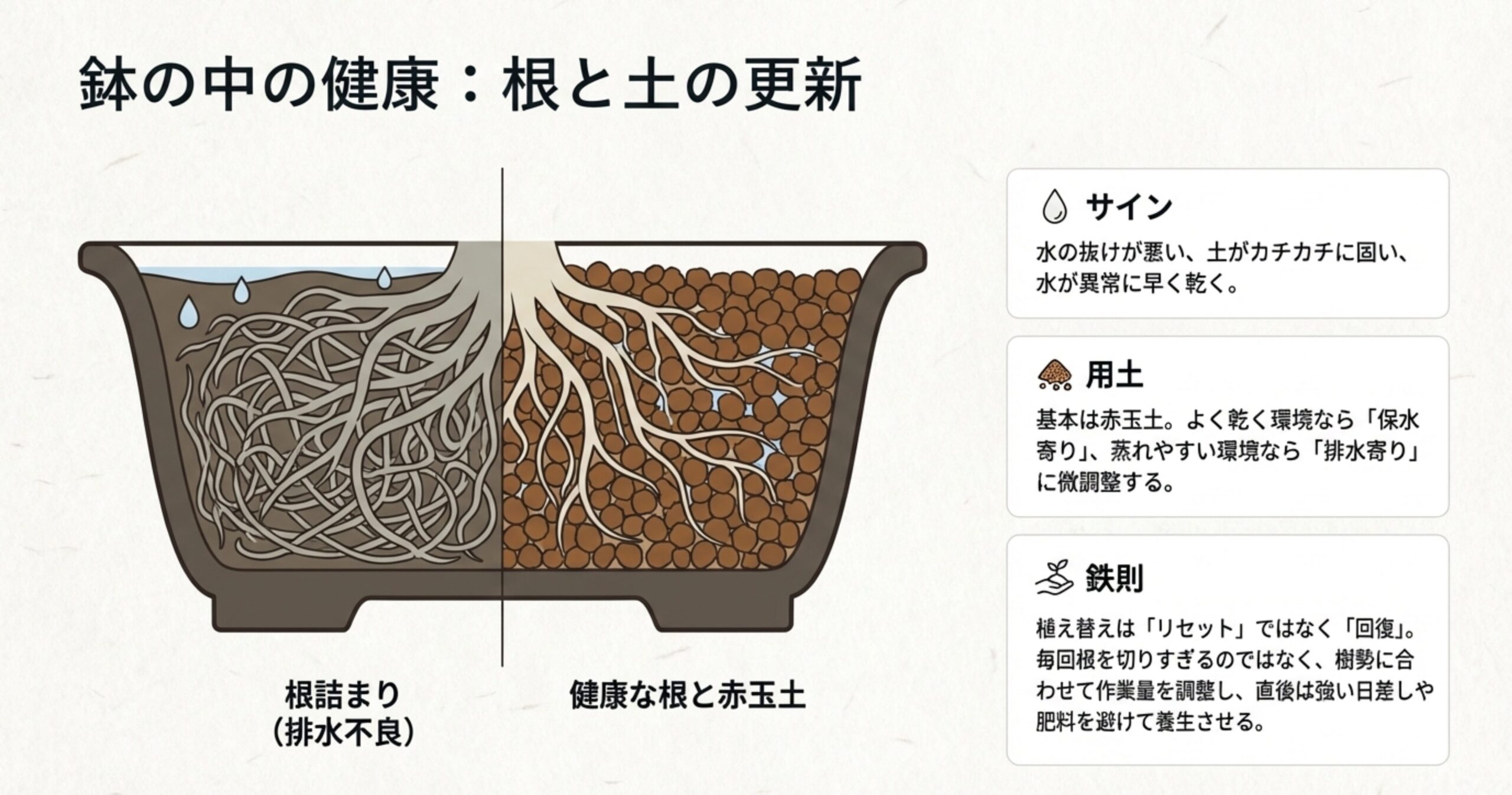 根詰まりのサイン(排水不良など)と、赤玉土をベースにした用土の微調整、植え替え後の養生についてまとめたスライド。