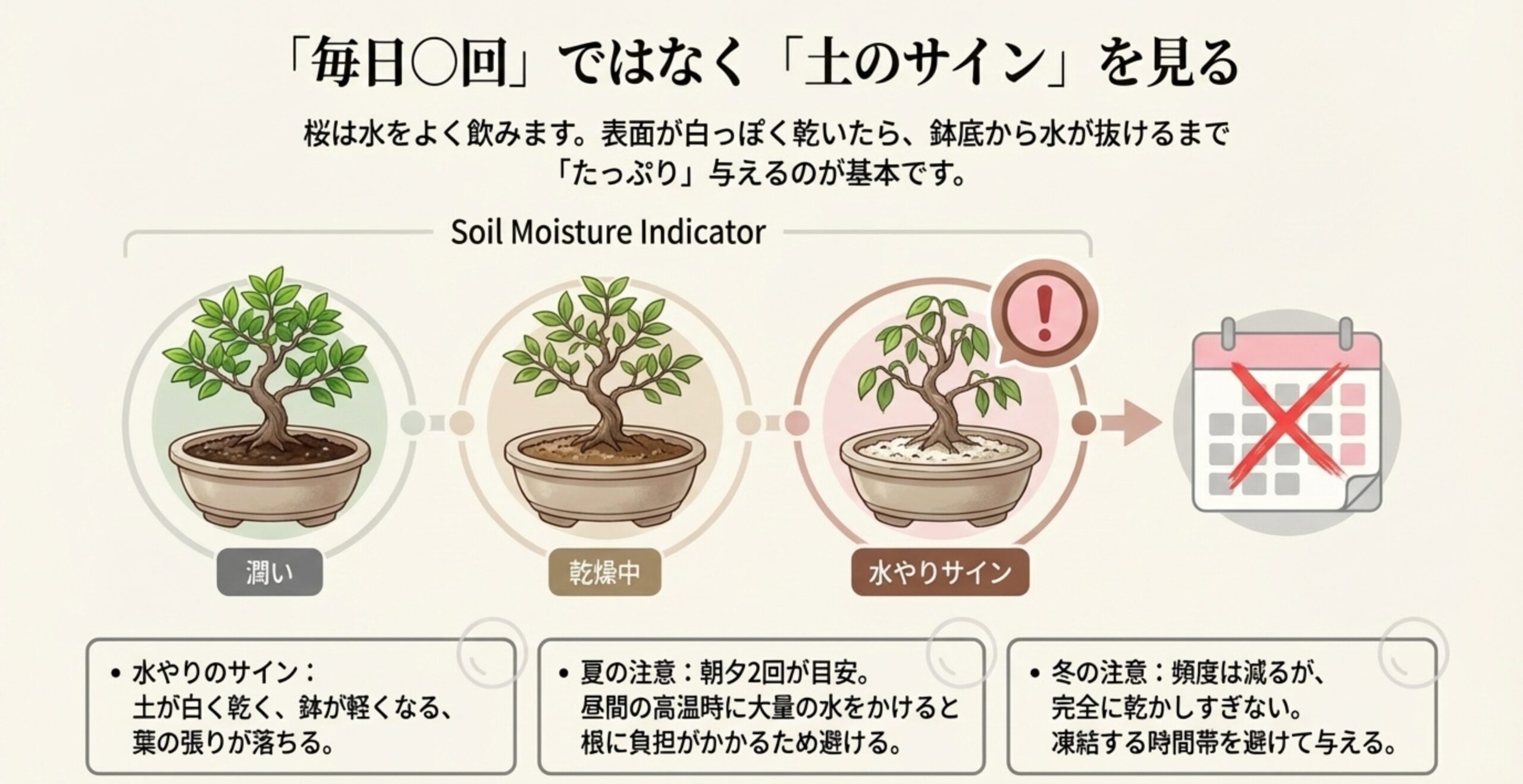 乾いた土と潤った土の比較イラスト。土が白く乾く、鉢が軽くなるなどの水やりサインと、夏・冬の注意点が記載されている