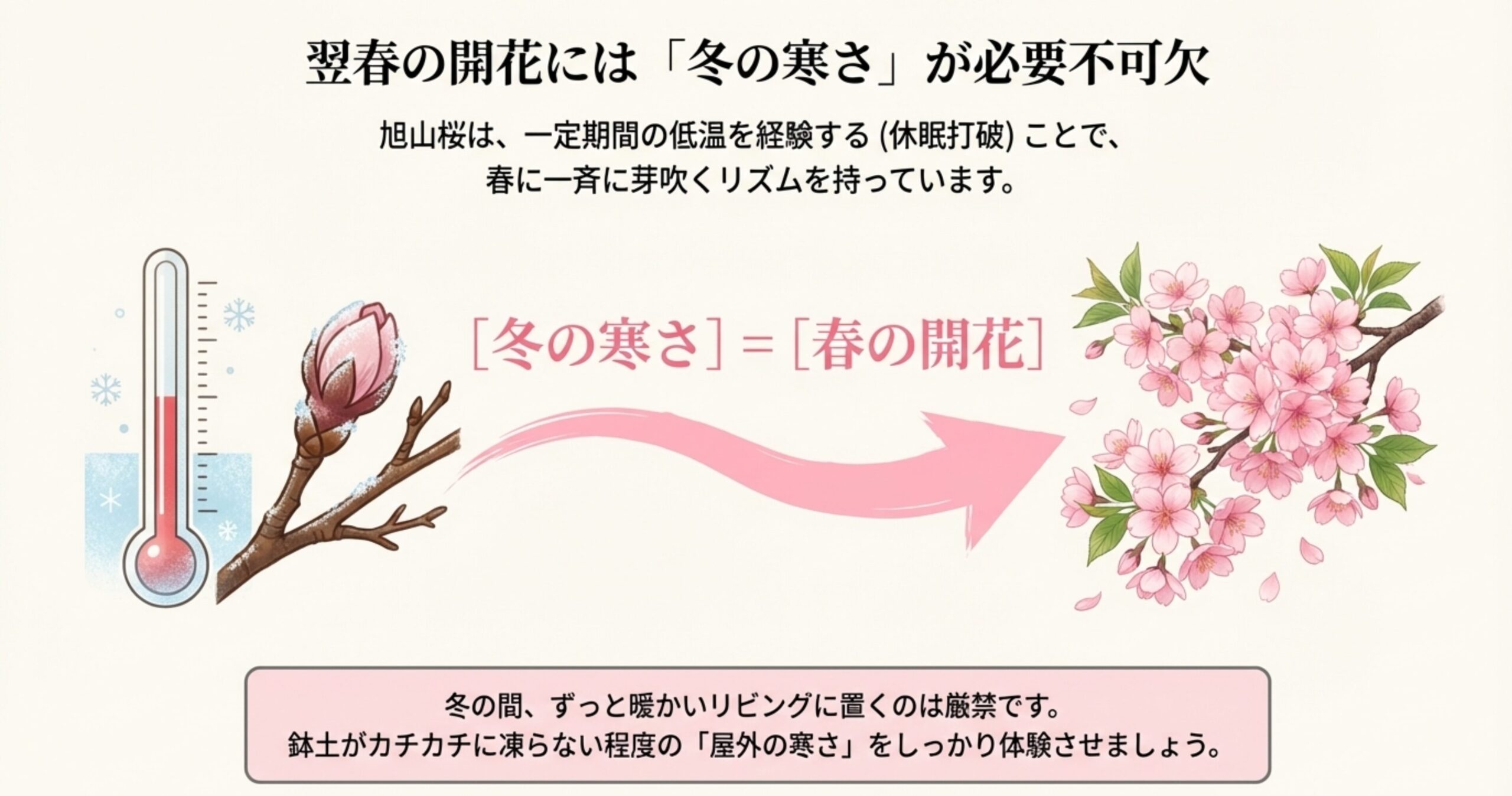 凍える蕾のイラストと、冬の低温を経験することで春に一斉に開花する「休眠打破」のリズムを説明する図解