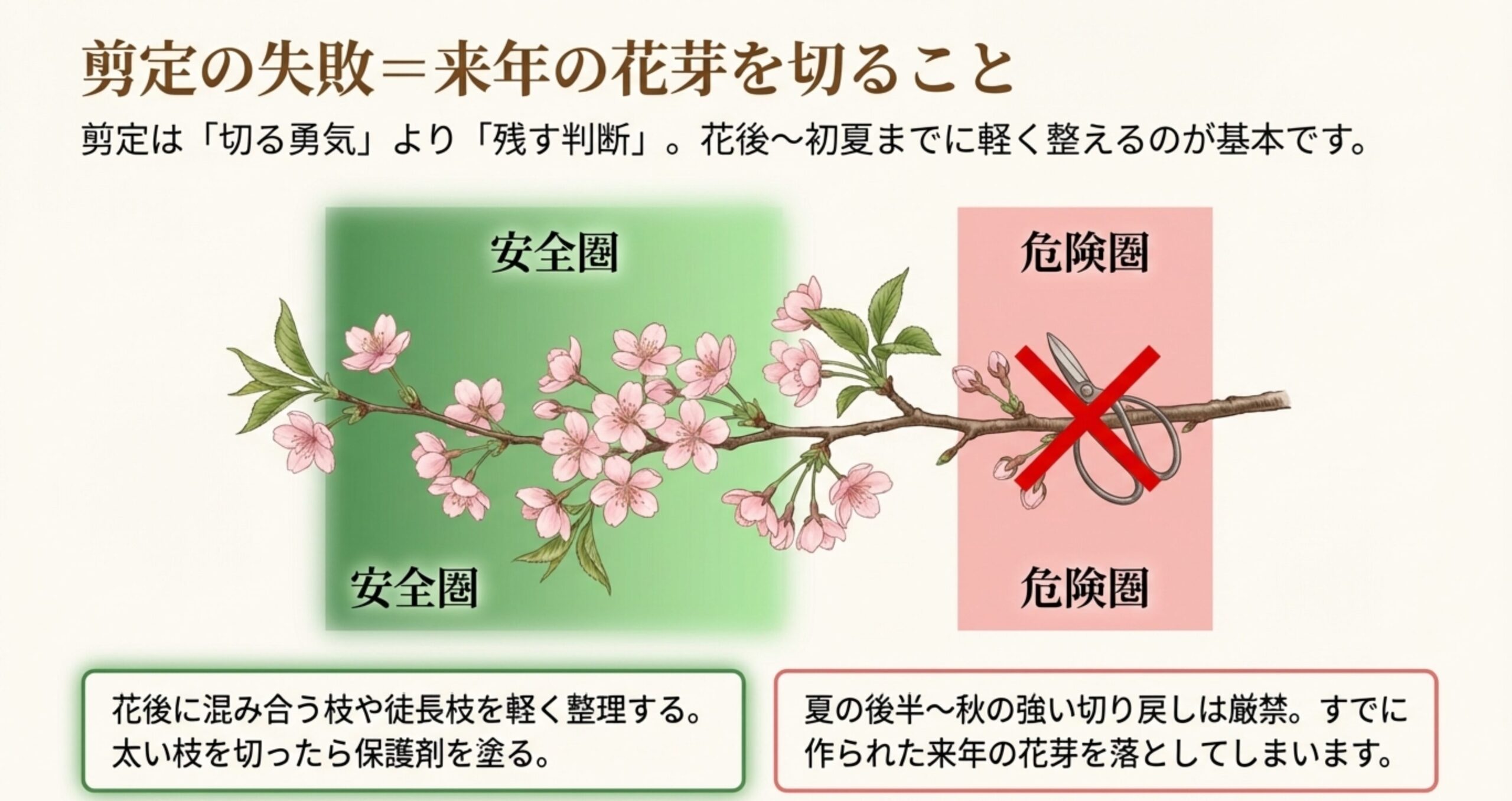 桜の枝のイラスト上に、剪定しても良い「安全圏（花後〜初夏）」と、切ってはいけない「危険圏（夏後半〜秋）」を示した図