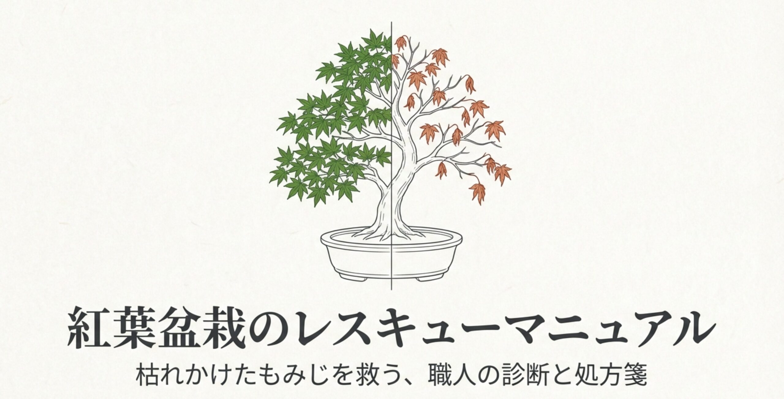 左側に青々とした健康な紅葉、右側に葉が枯れた紅葉を配置した、盆栽復活マニュアルの表紙画像