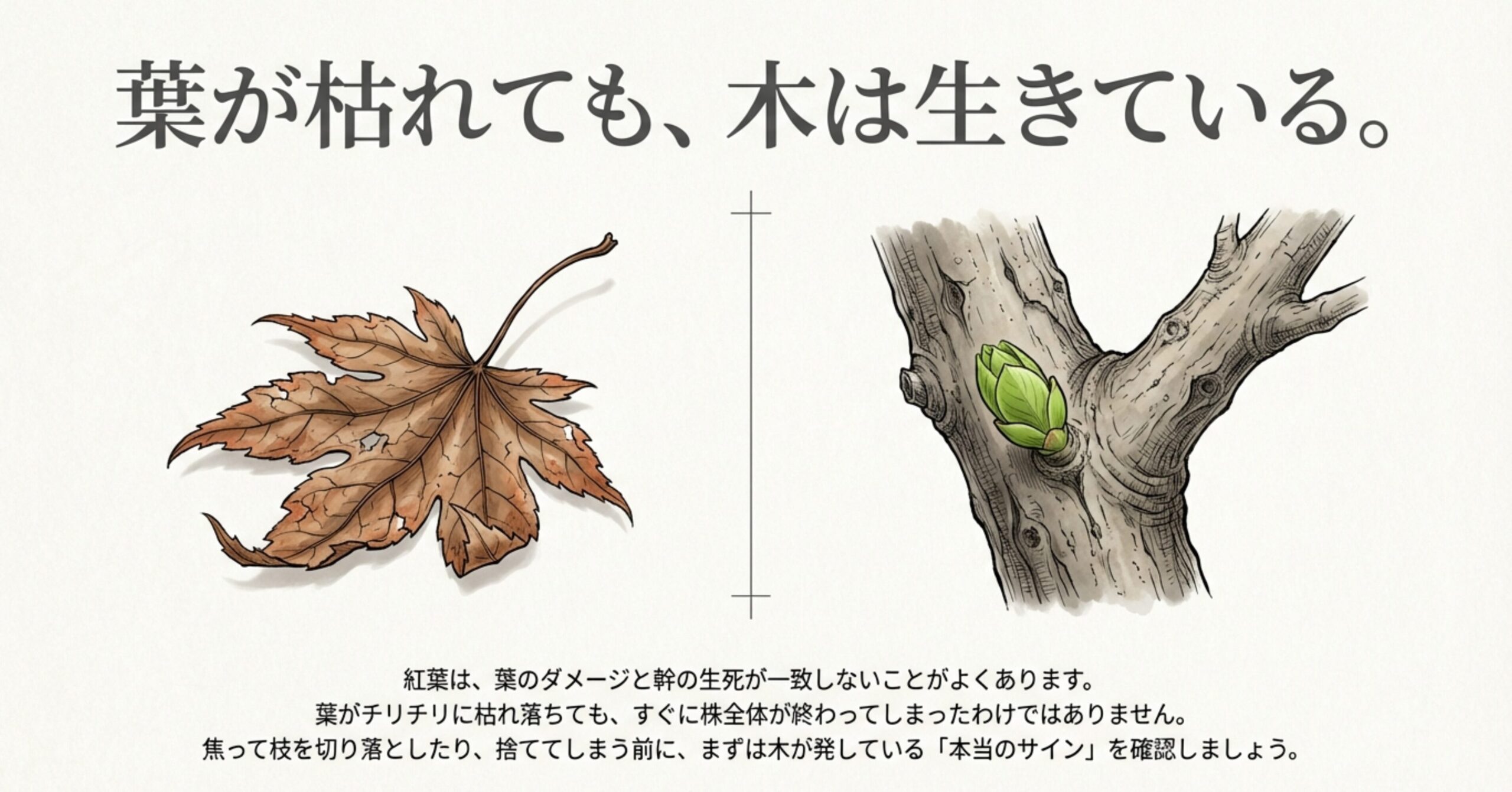 チリチリに枯れた紅葉の葉と、対照的にみずみずしい緑色の新芽が幹から出ているイラスト