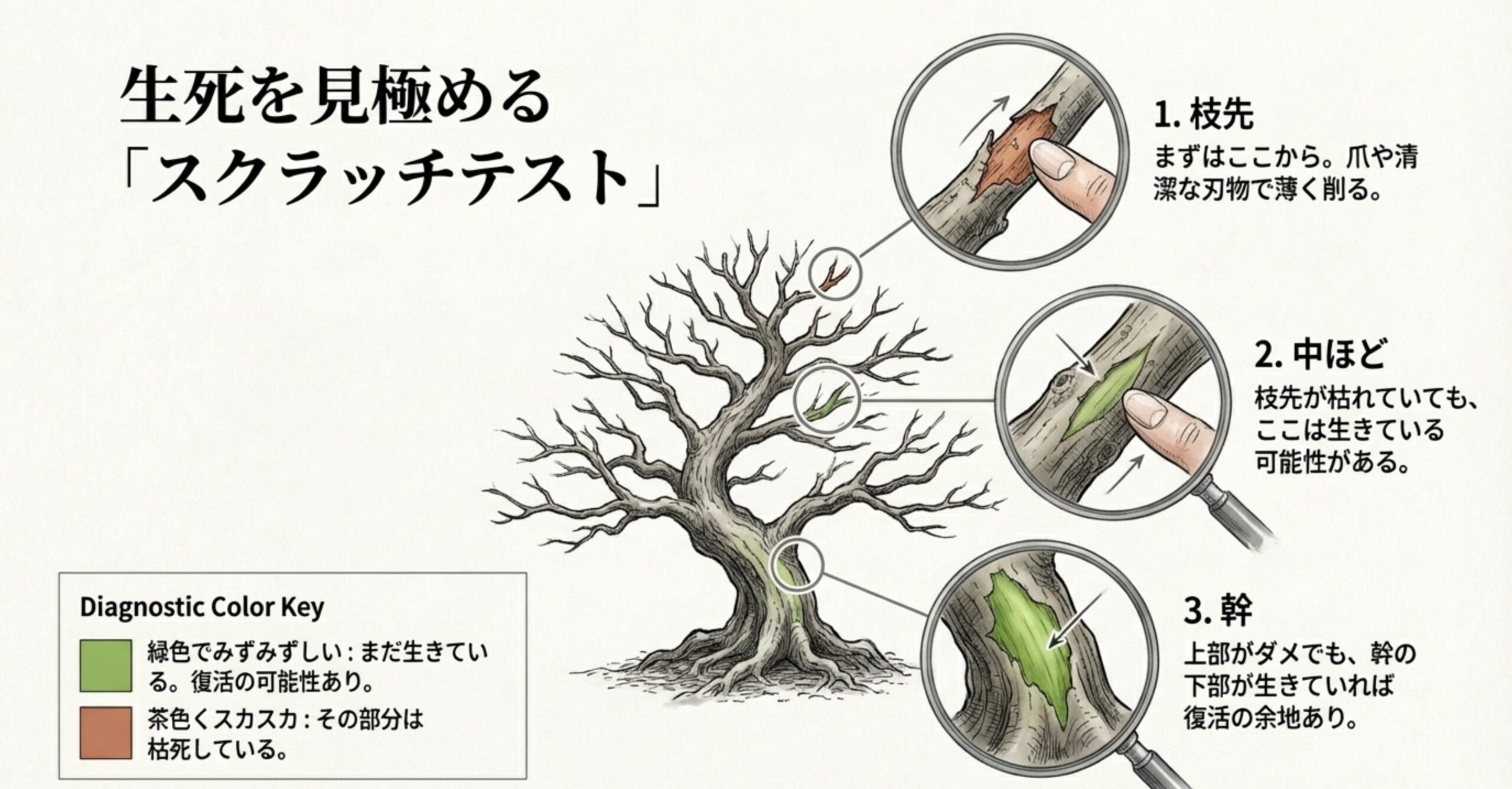 枝先、中ほど、幹の3箇所を削り、下地の色の違い（緑なら生存、茶色なら枯死）を解説するステップ画像