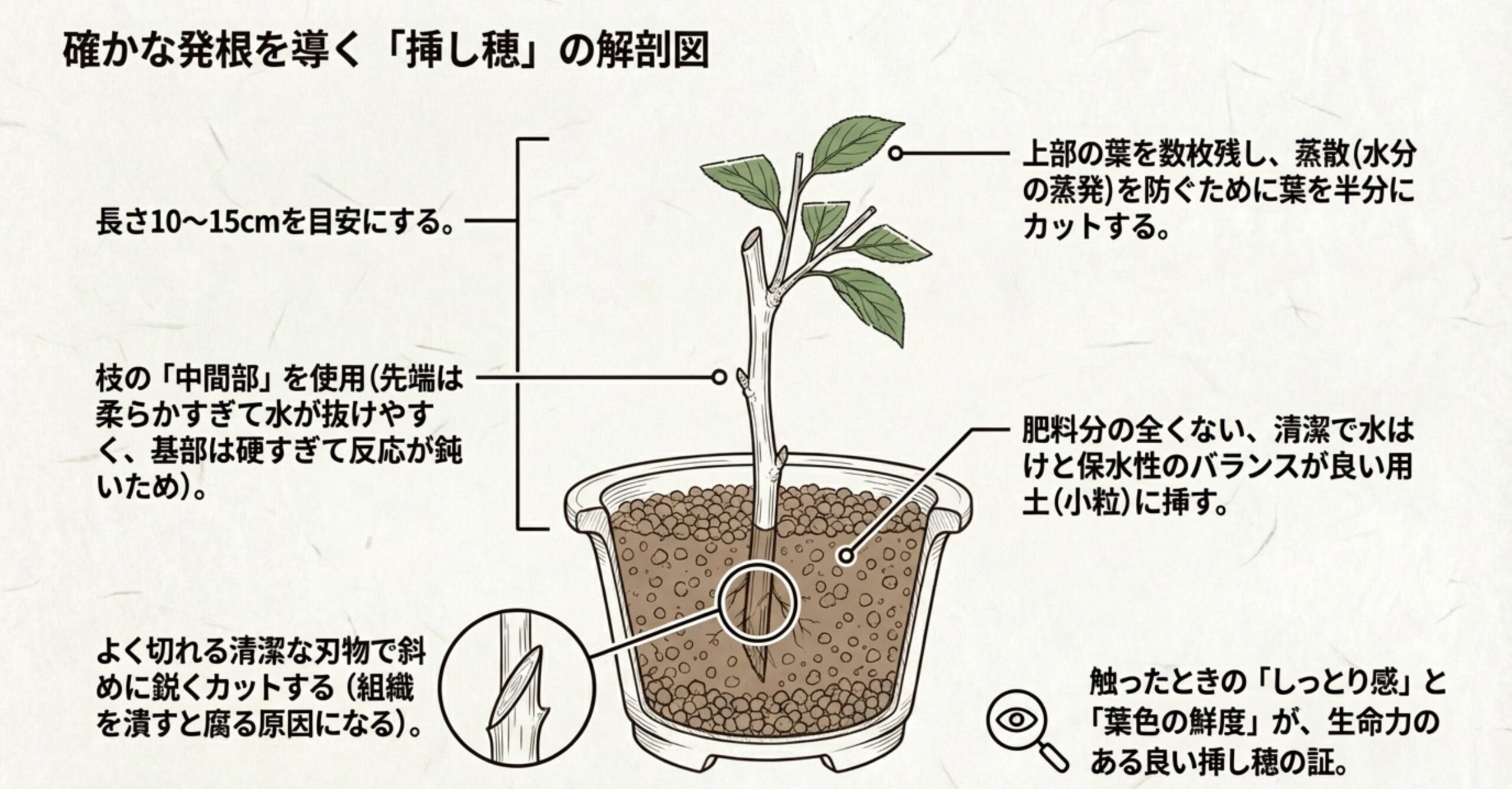 挿し穂の長さ、葉のカット方法、切る場所（中間部）、切り口の角度などを図示したイラスト。