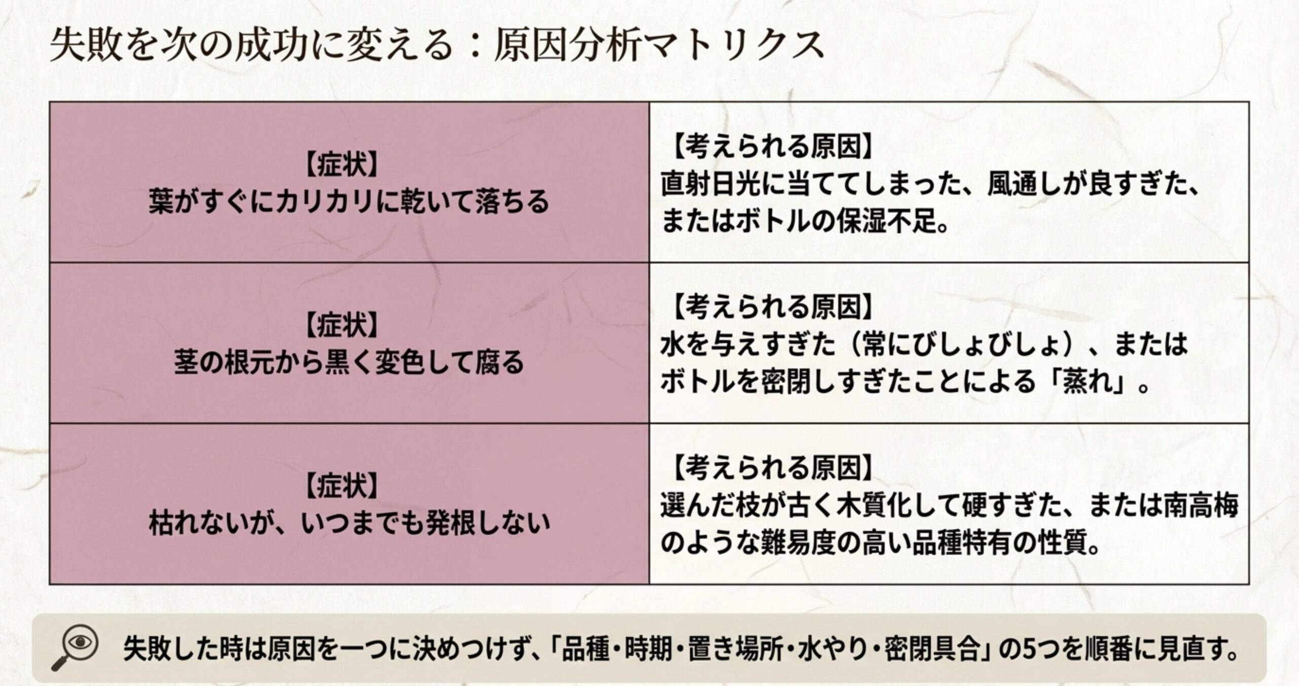 葉の乾燥、茎の腐敗、発根しない等の症状別に、考えられる原因（直射日光、蒸れ、枝の木質化など）をまとめた表。