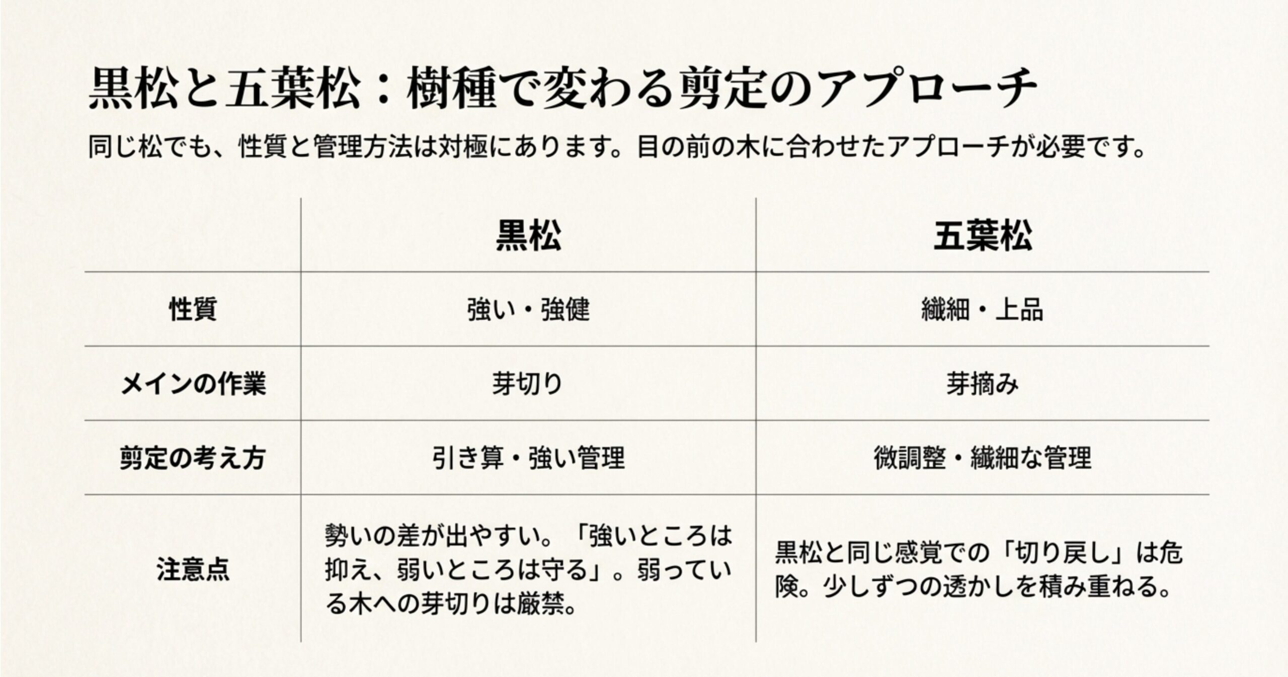 葉や芽がない位置で切ると枝が枯死する図解と、切る前に確認すべき樹勢や植え替え時期のチェックリスト
