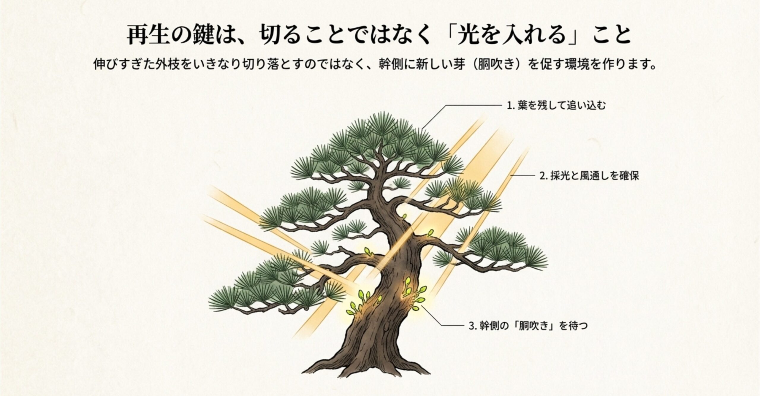 葉を残した追い込み、採光と風通しの確保により、幹側の新しい芽である胴吹きを待つ再生の鍵
