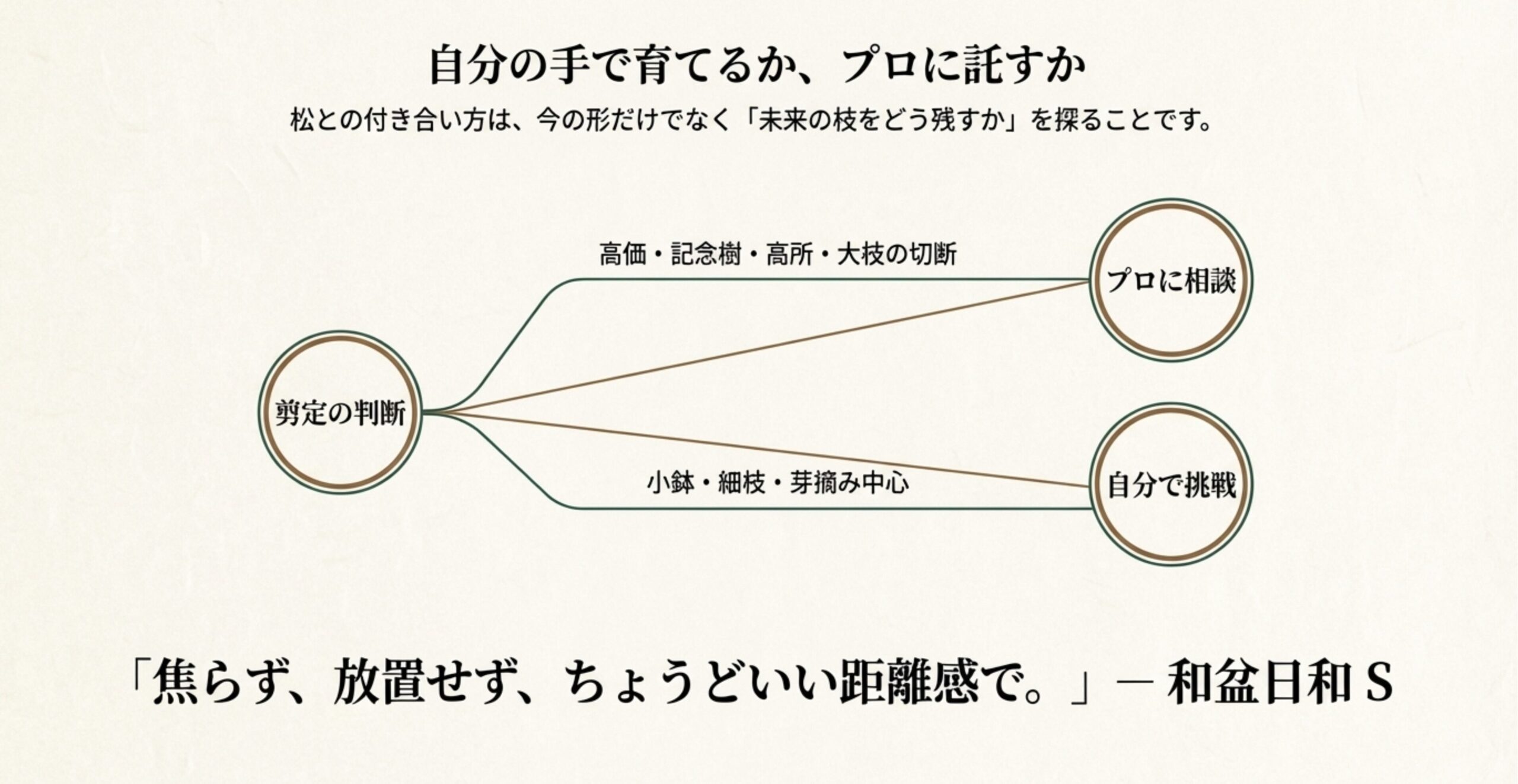 小鉢や芽摘みは自分で挑戦し、高価な木や高所作業、大枝の切断などはプロに相談するという判断チャート