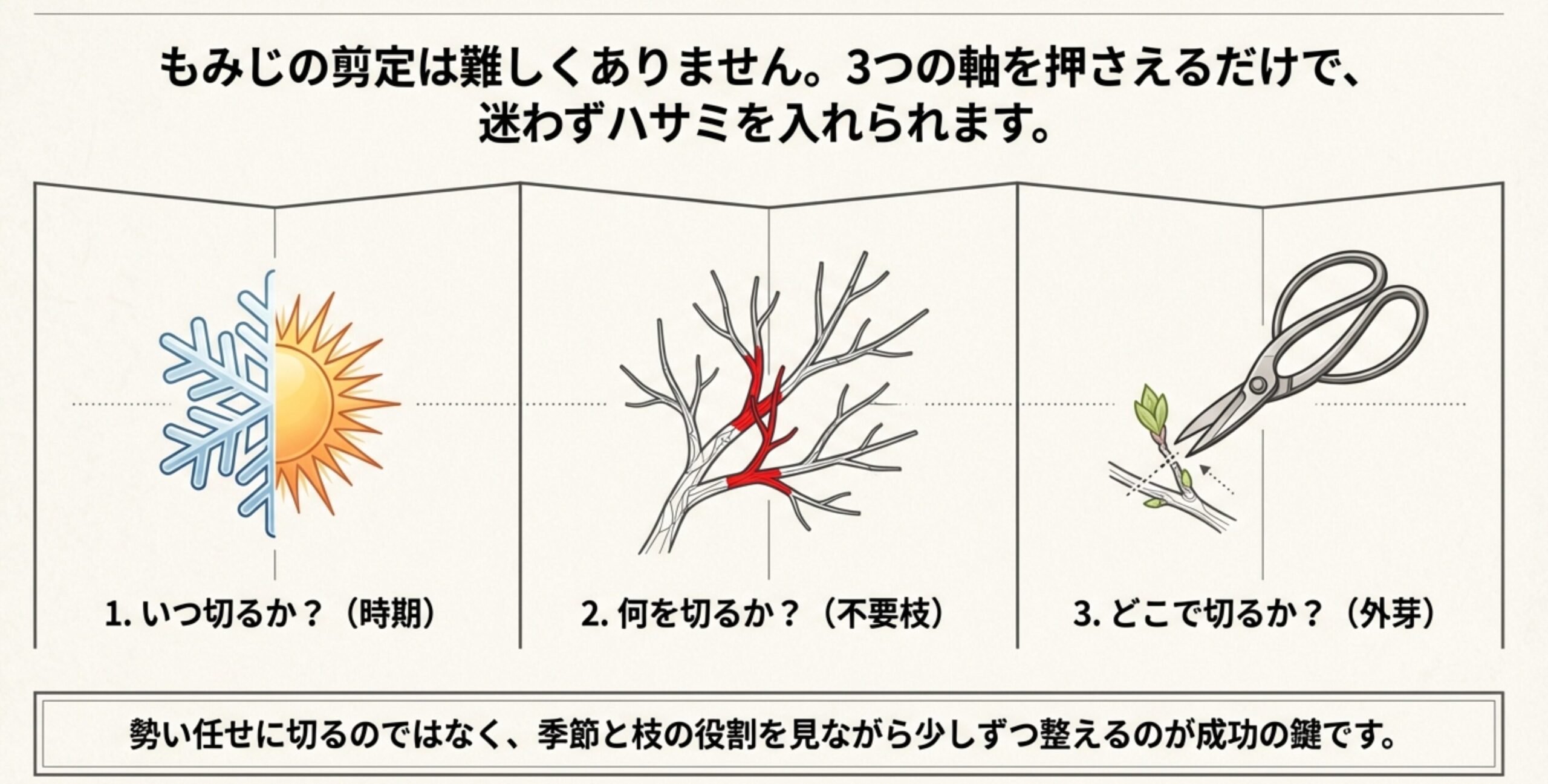 もみじ剪定の3つのポイント(いつ切るか、何を切るか、どこで切るか)をまとめたスライド。勢い任せではなく、季節と枝の役割を見ることが成功の鍵。