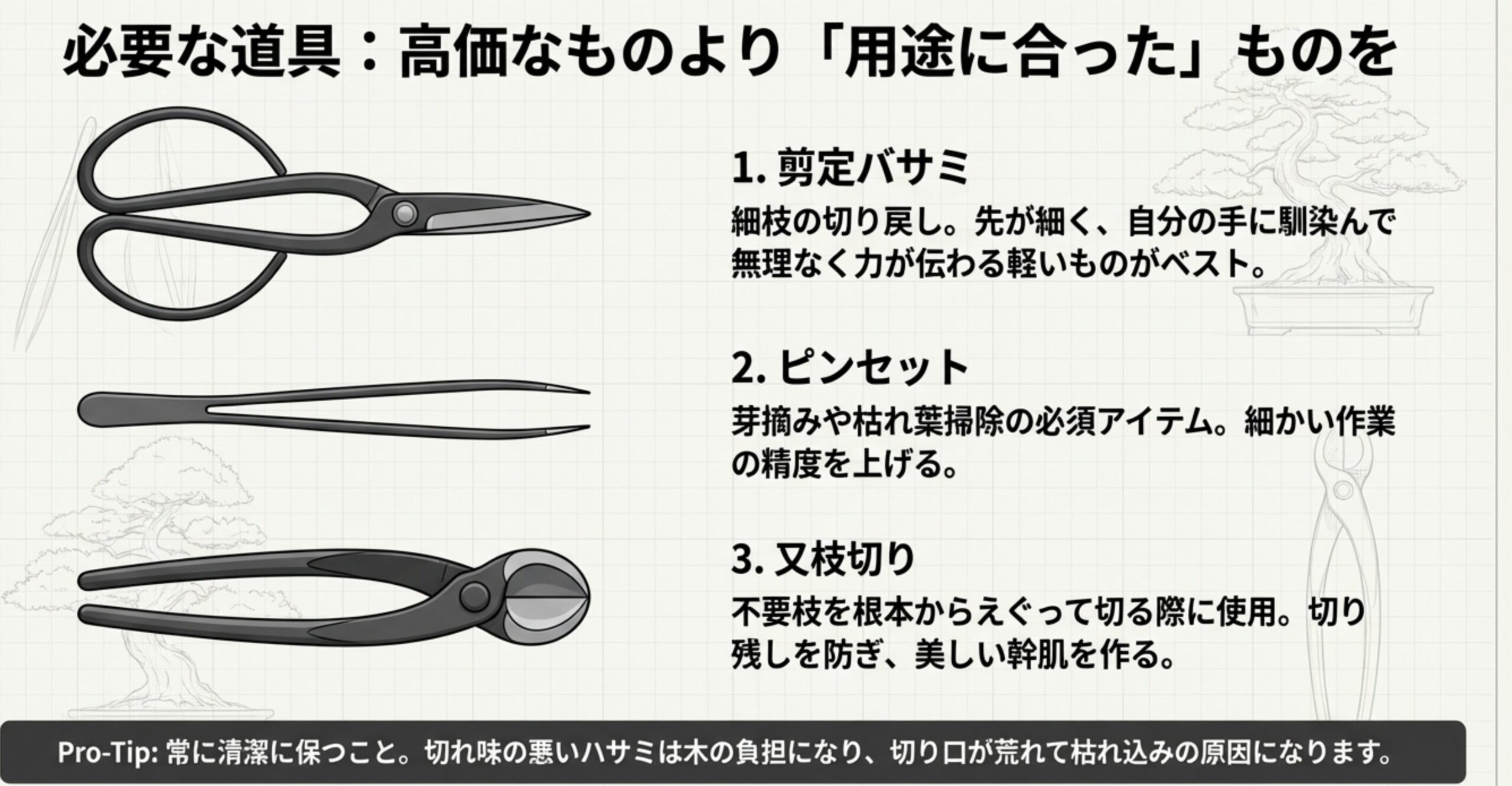 剪定バサミ、ピンセット、又枝切りのイラスト。それぞれの用途と、清潔で切れ味の良い道具を使う重要性を説いたスライド。